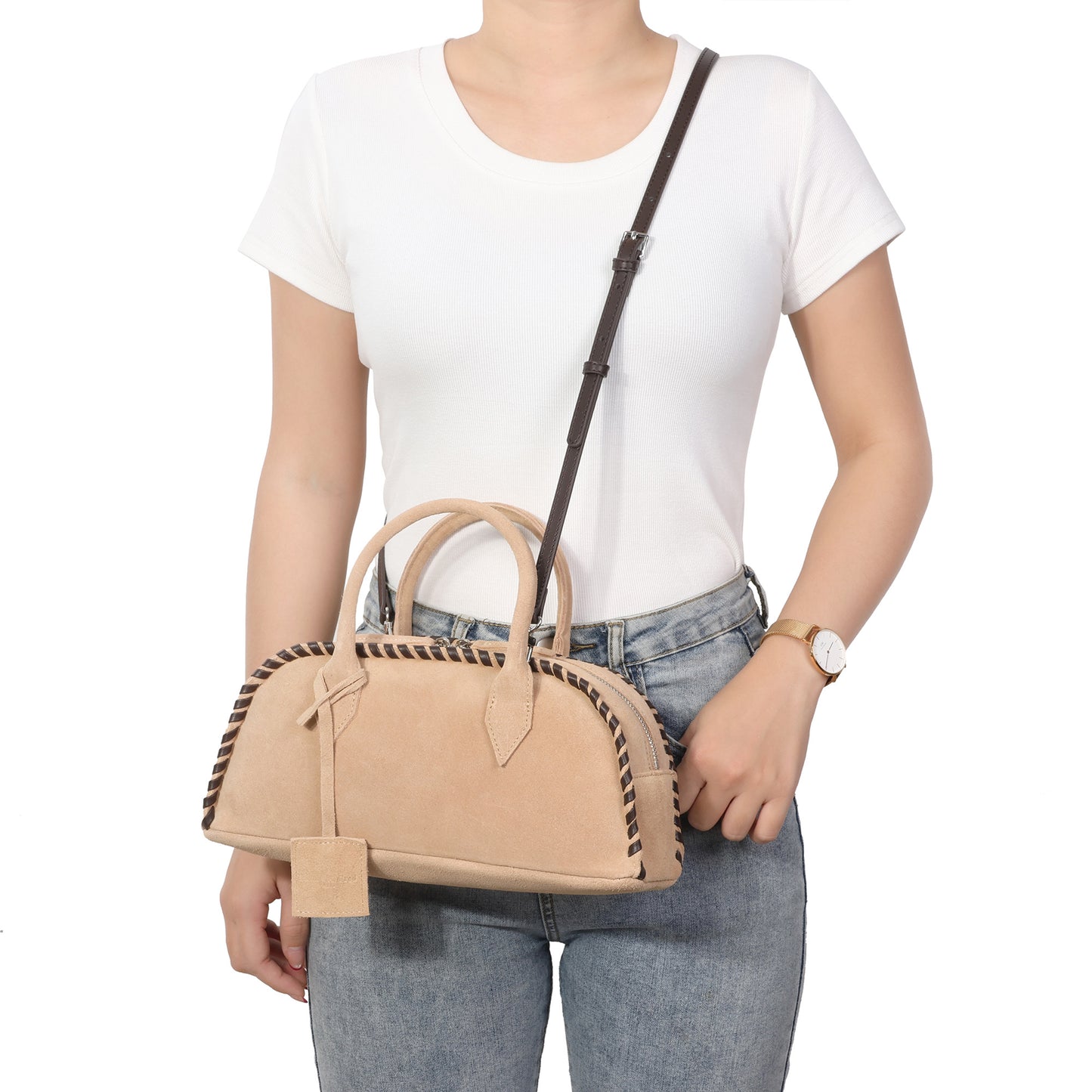 Whipstitch Suede Top-Handle Satchel with Crossbody Strap