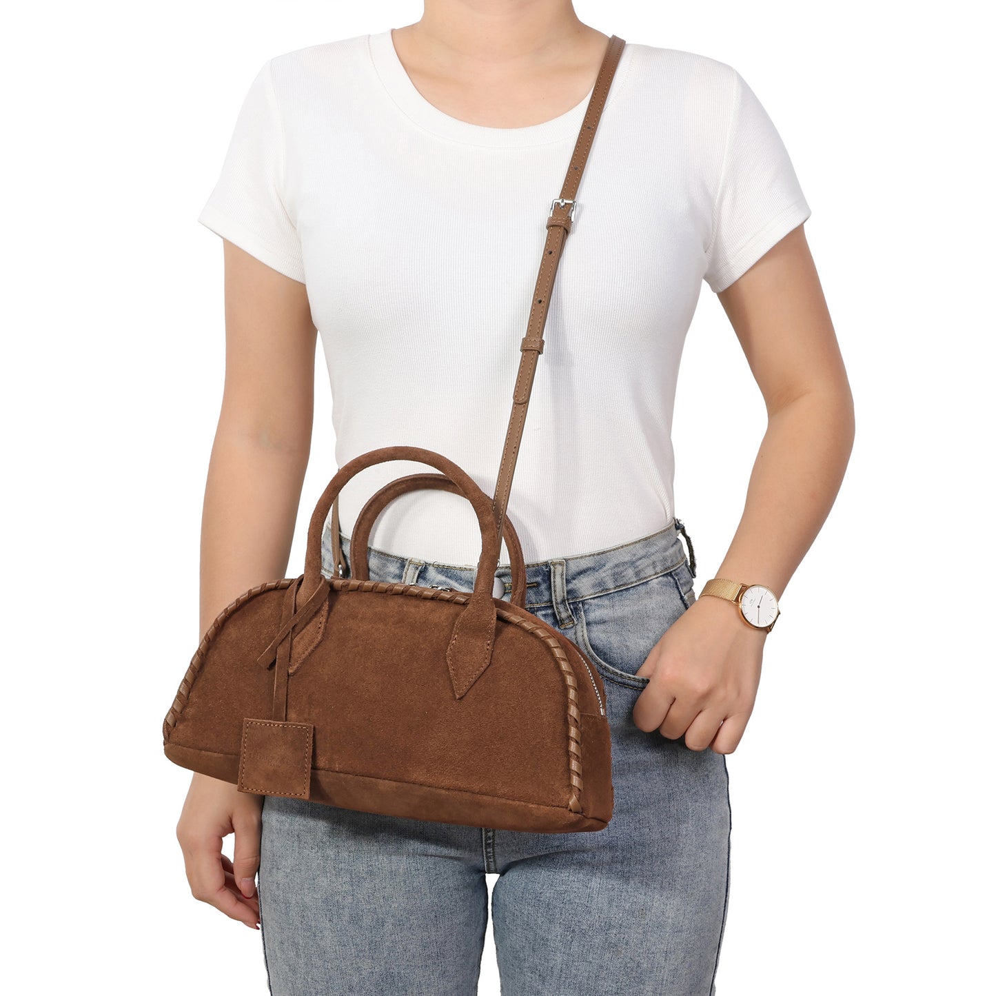 Whipstitch Suede Top-Handle Satchel with Crossbody Strap