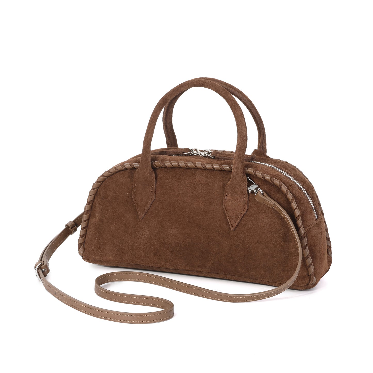 Whipstitch Suede Top-Handle Satchel with Crossbody Strap