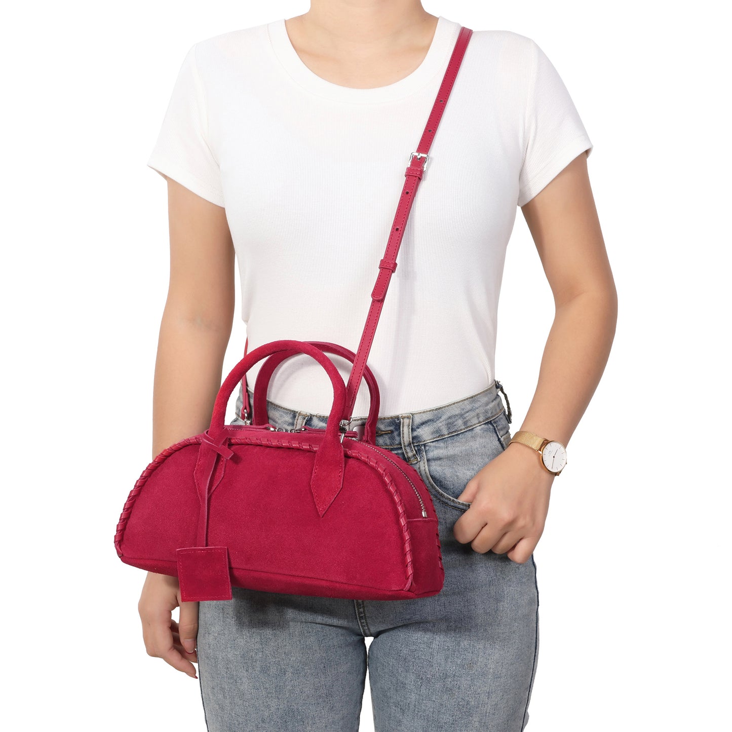 Whipstitch Suede Top-Handle Satchel with Crossbody Strap
