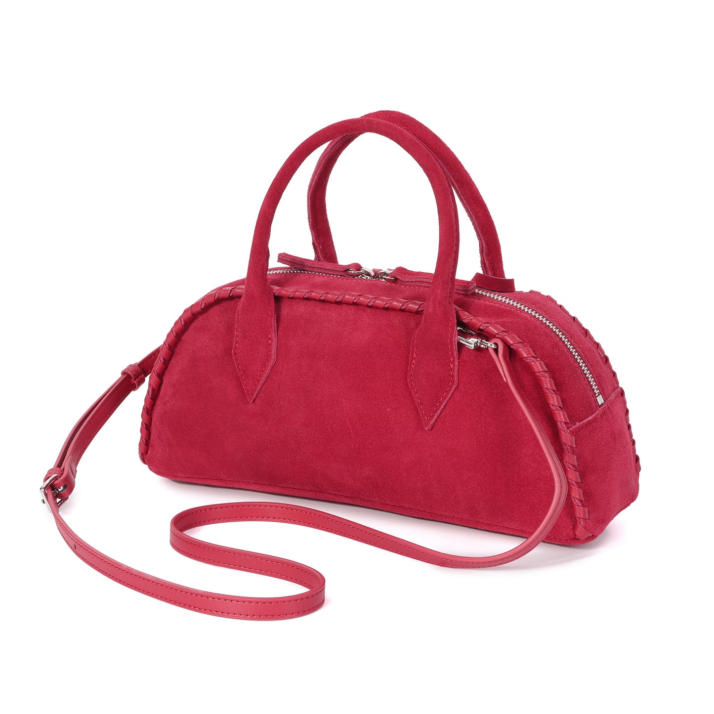 Whipstitch Suede Top-Handle Satchel with Crossbody Strap