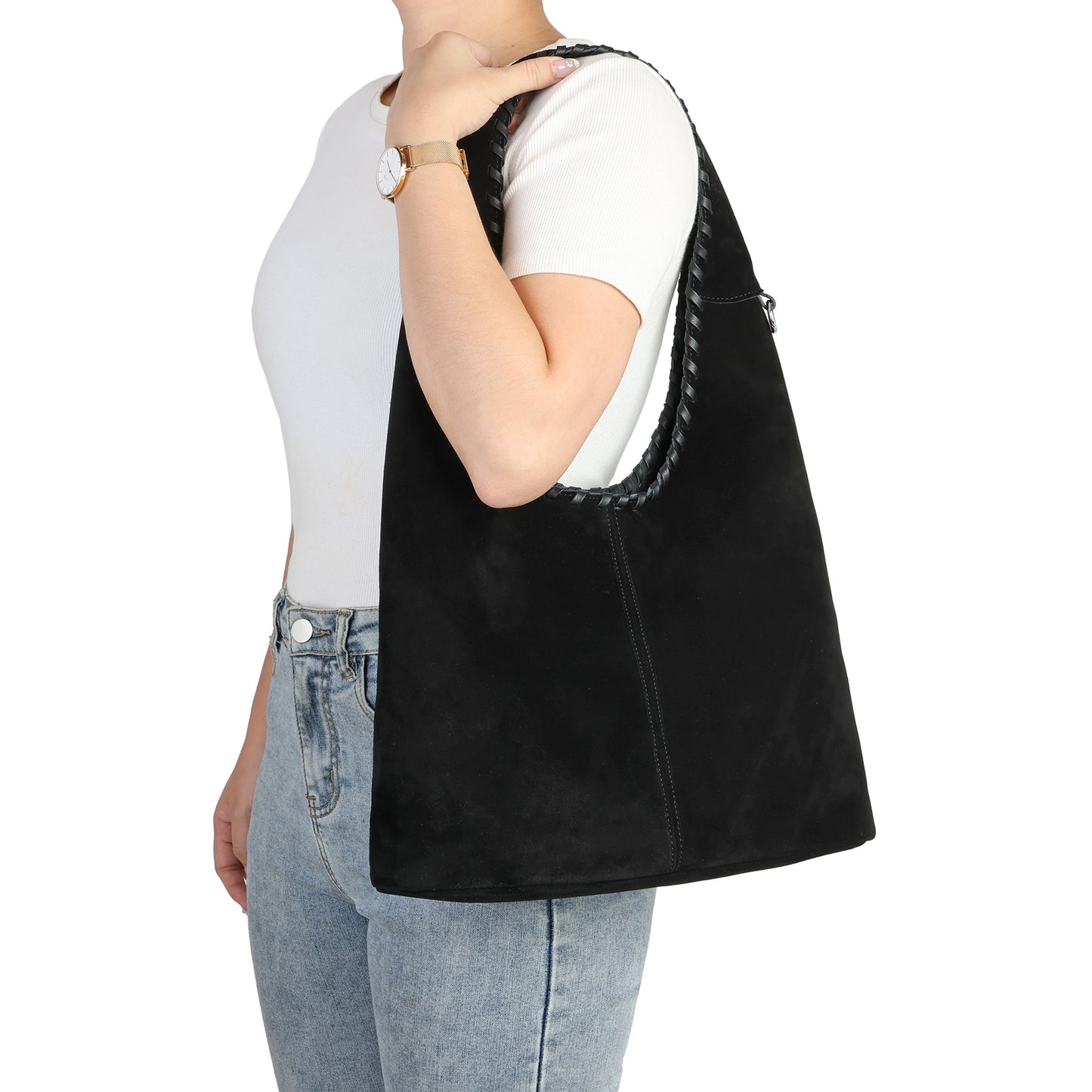 Suede Hobo Bag with Whipstitch Handle