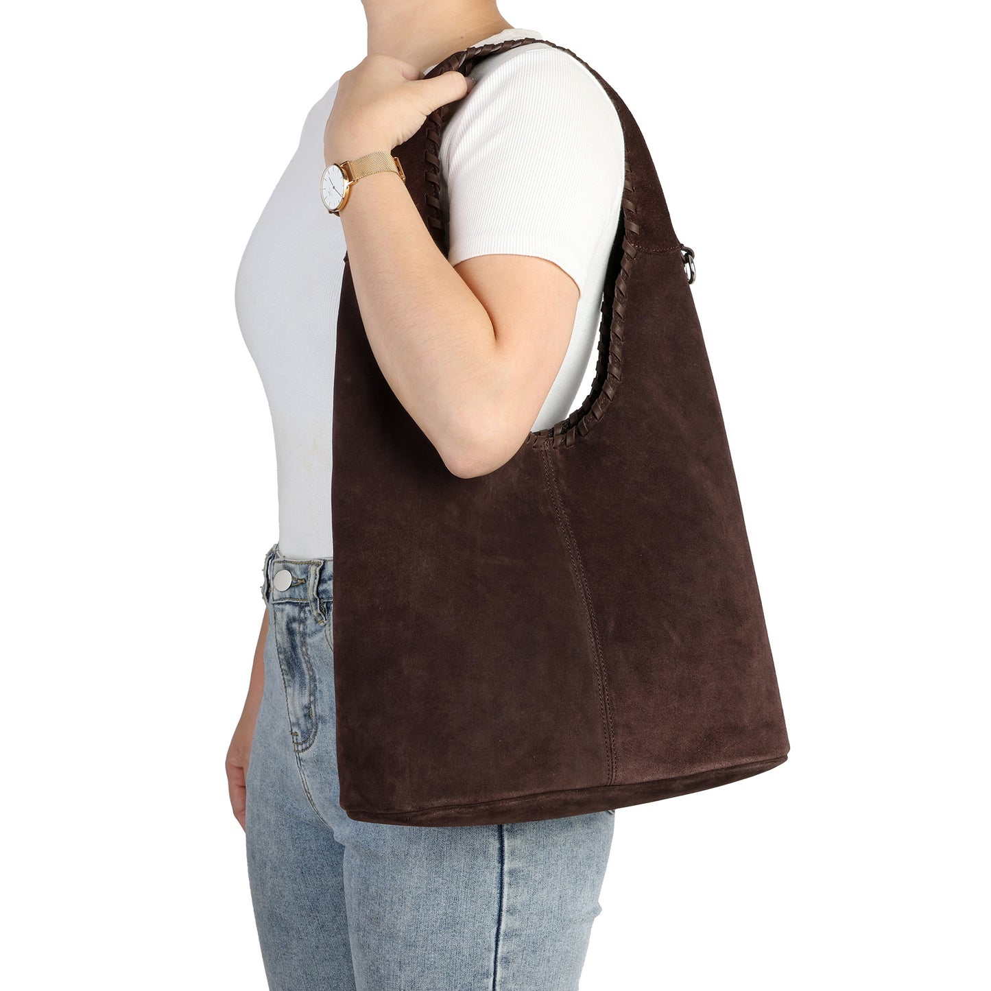 Suede Hobo Bag with Whipstitch Handle