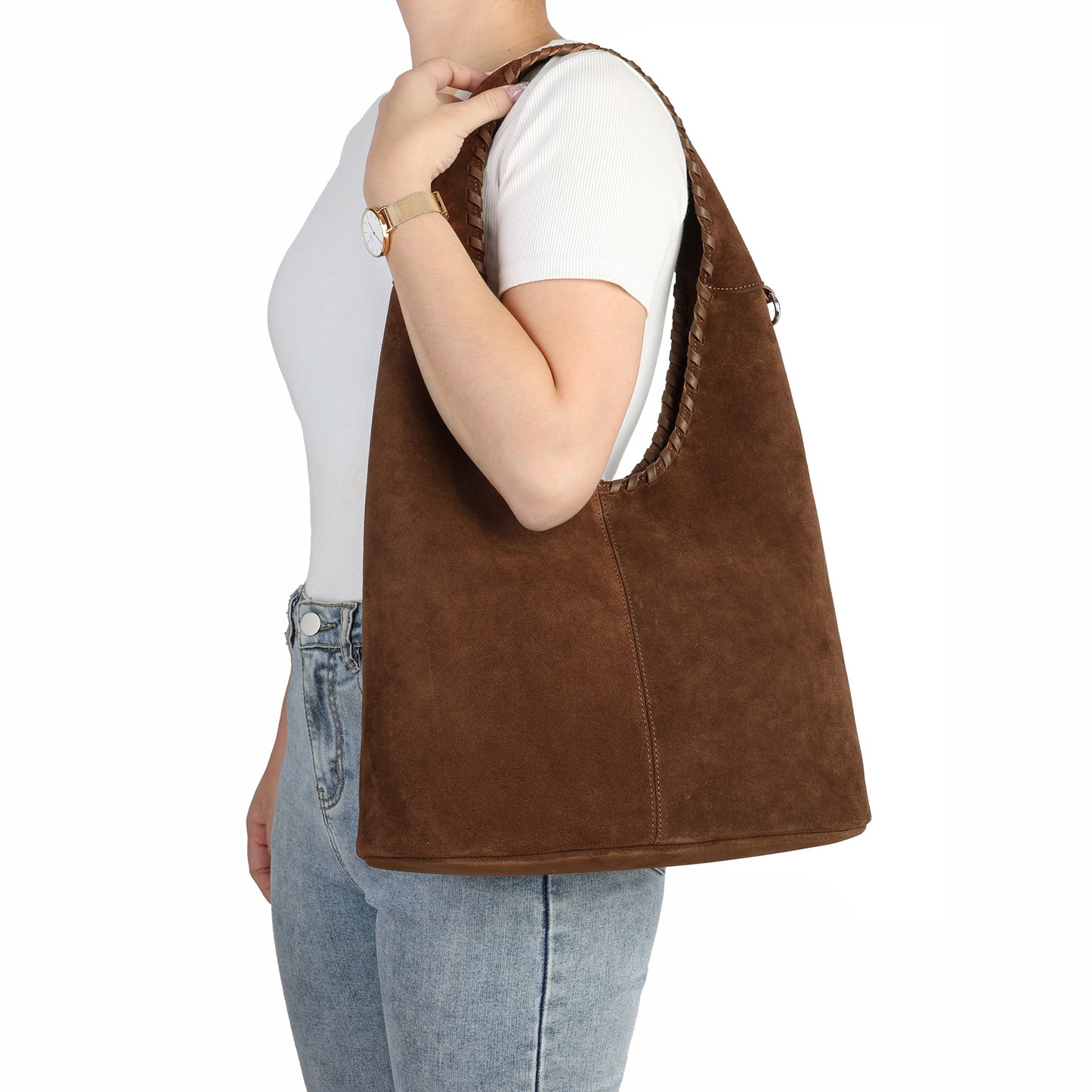 Suede Hobo Bag with Whipstitch Handle