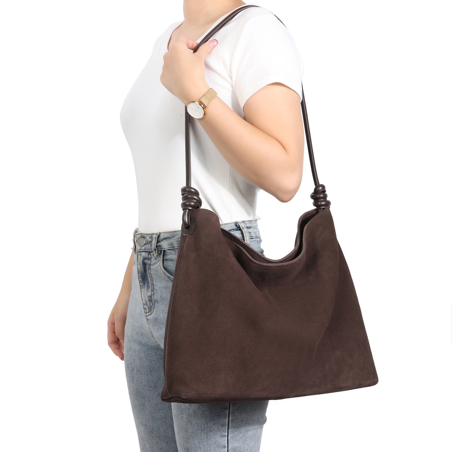 Suede Shoulder Hobo Bag with Knotted Leather Strap