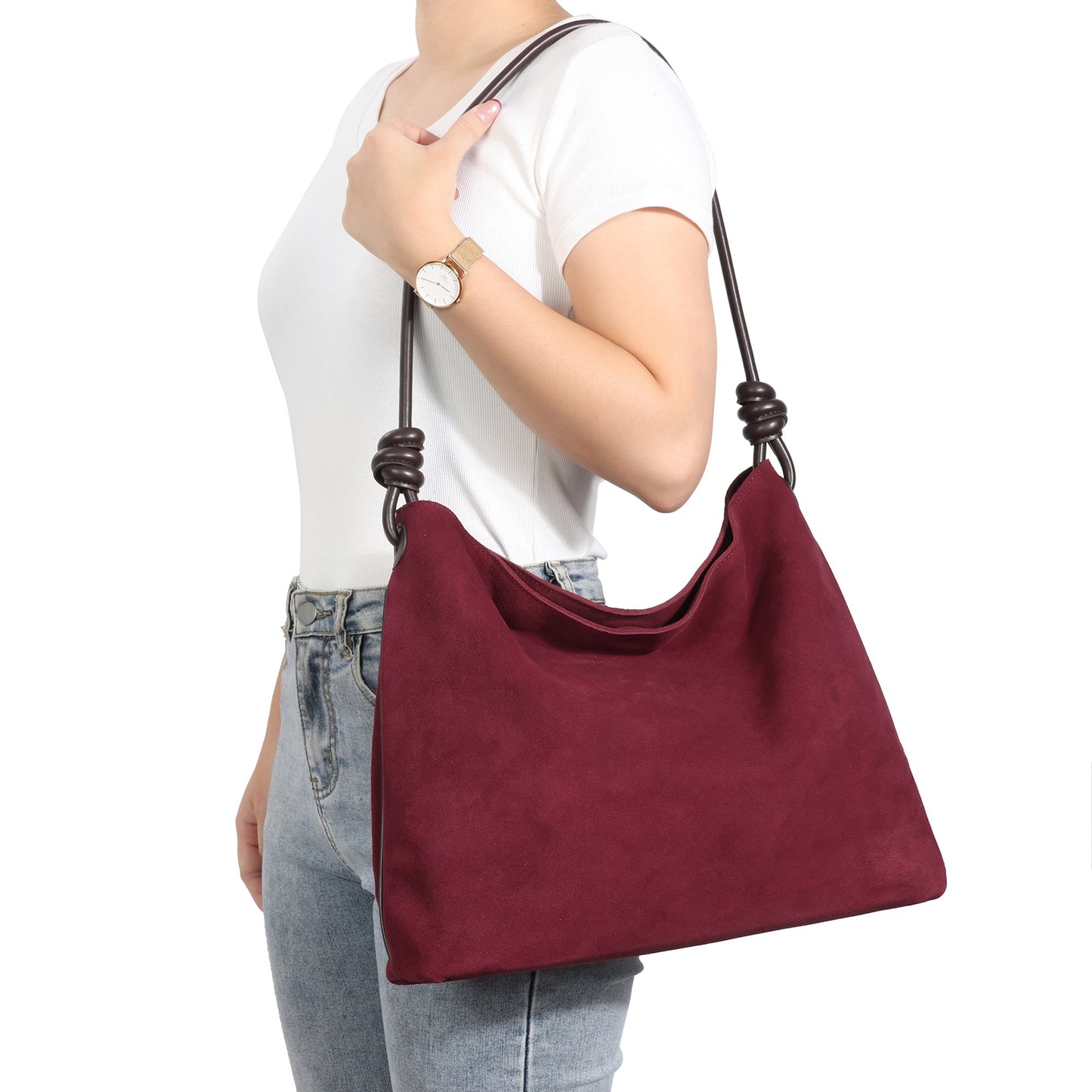 Suede Shoulder Hobo Bag with Knotted Leather Strap