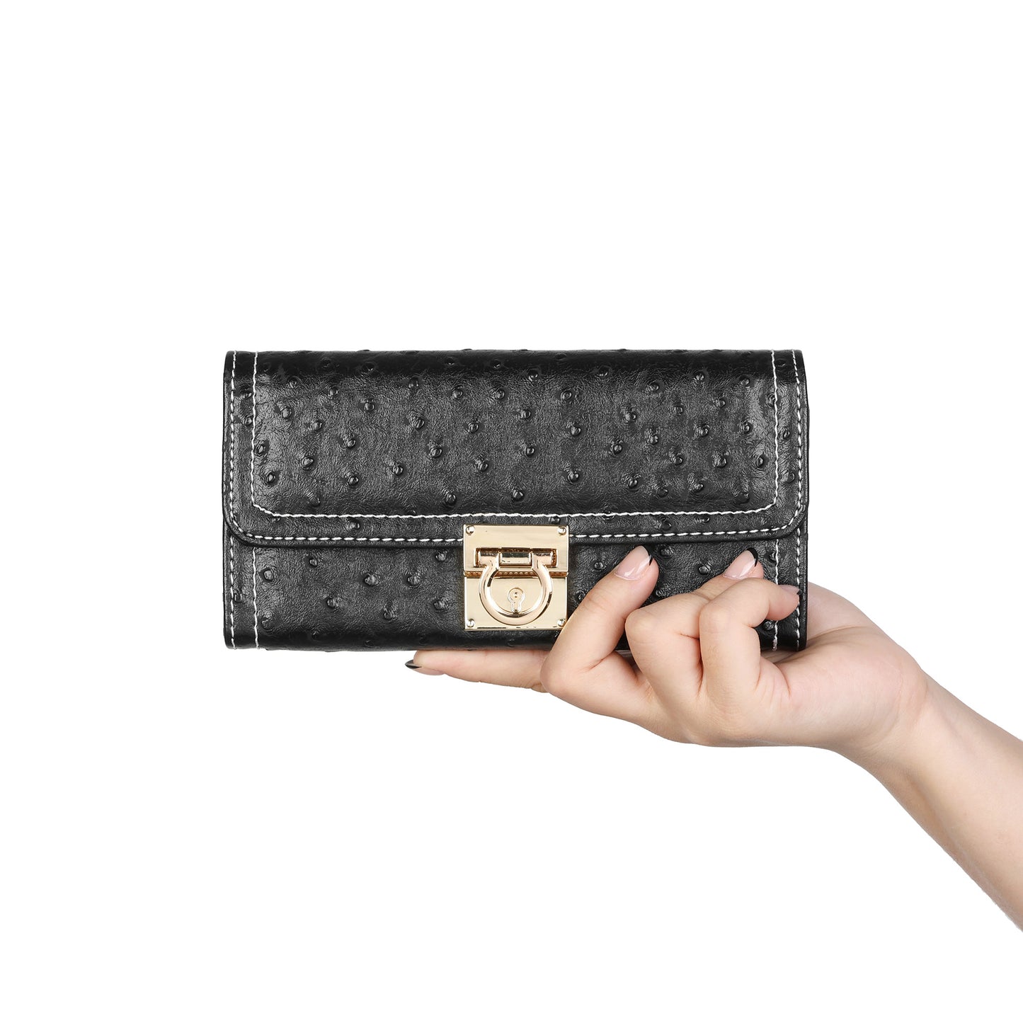 Embossed Leather Continental Wallet with Turn-Lock Closure