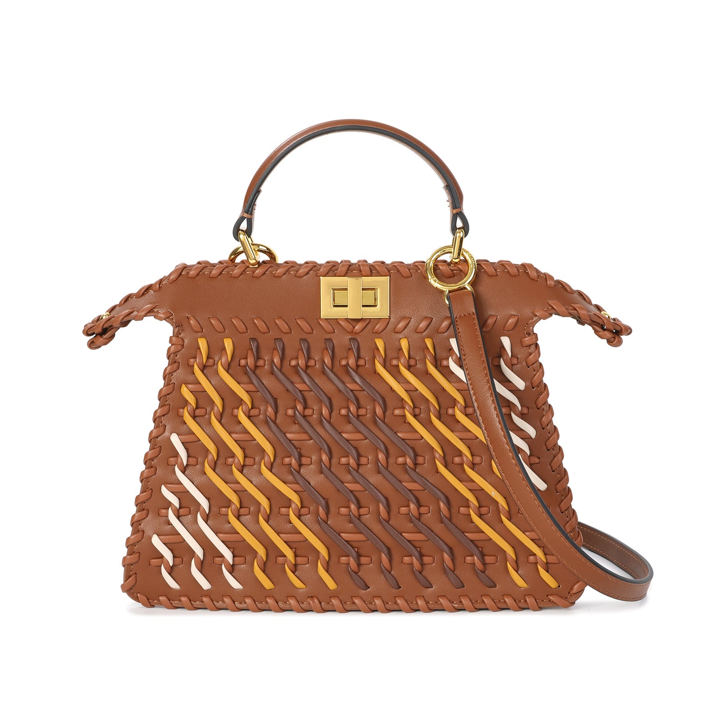 Woven Leather Top-Handle Satchel with Turn-Lock Closure