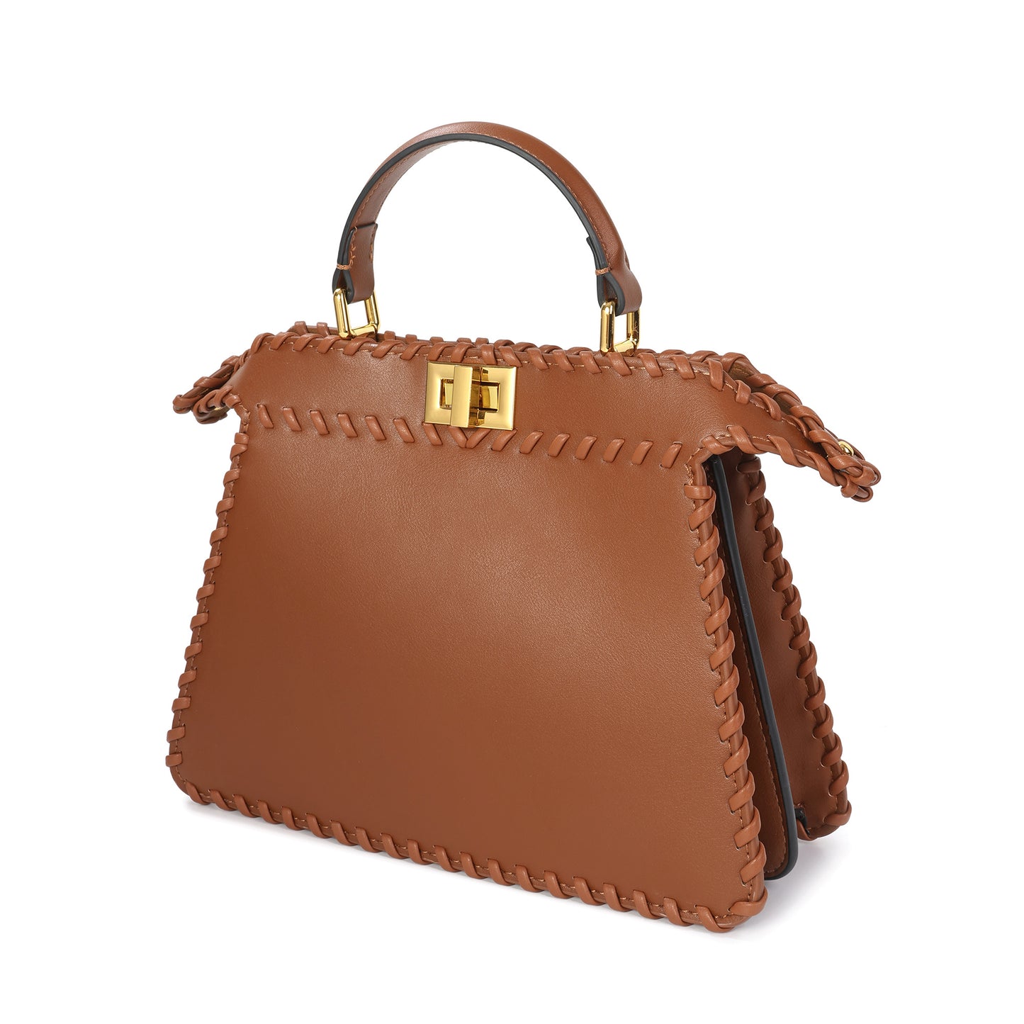 Woven Leather Top-Handle Satchel with Turn-Lock Closure