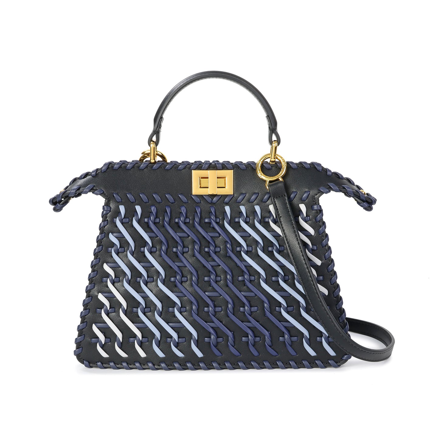 Woven Leather Top-Handle Satchel with Turn-Lock Closure