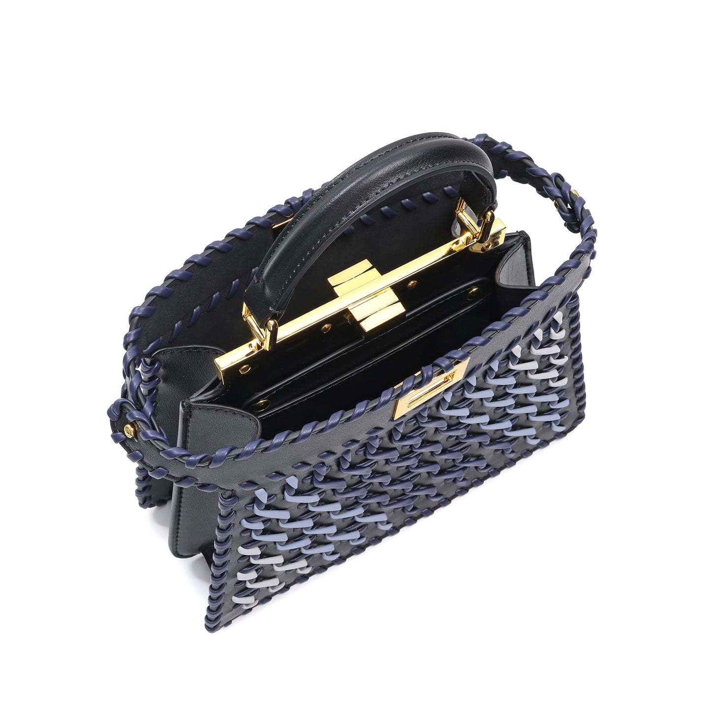 Woven Leather Top-Handle Satchel with Turn-Lock Closure