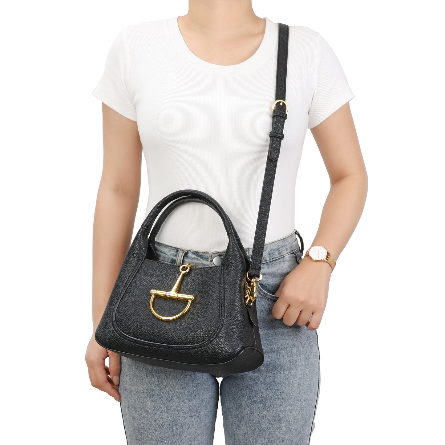 Pebbled Leather Top Handle Bag with Gold Horsebit Accent