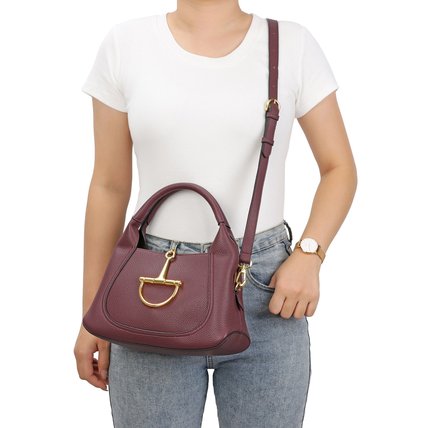 Pebbled Leather Top Handle Bag with Gold Horsebit Accent