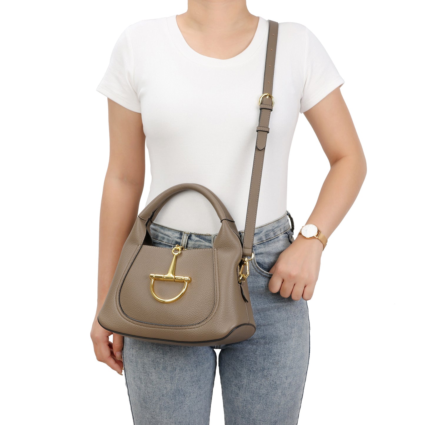 Pebbled Leather Top Handle Bag with Gold Horsebit Accent
