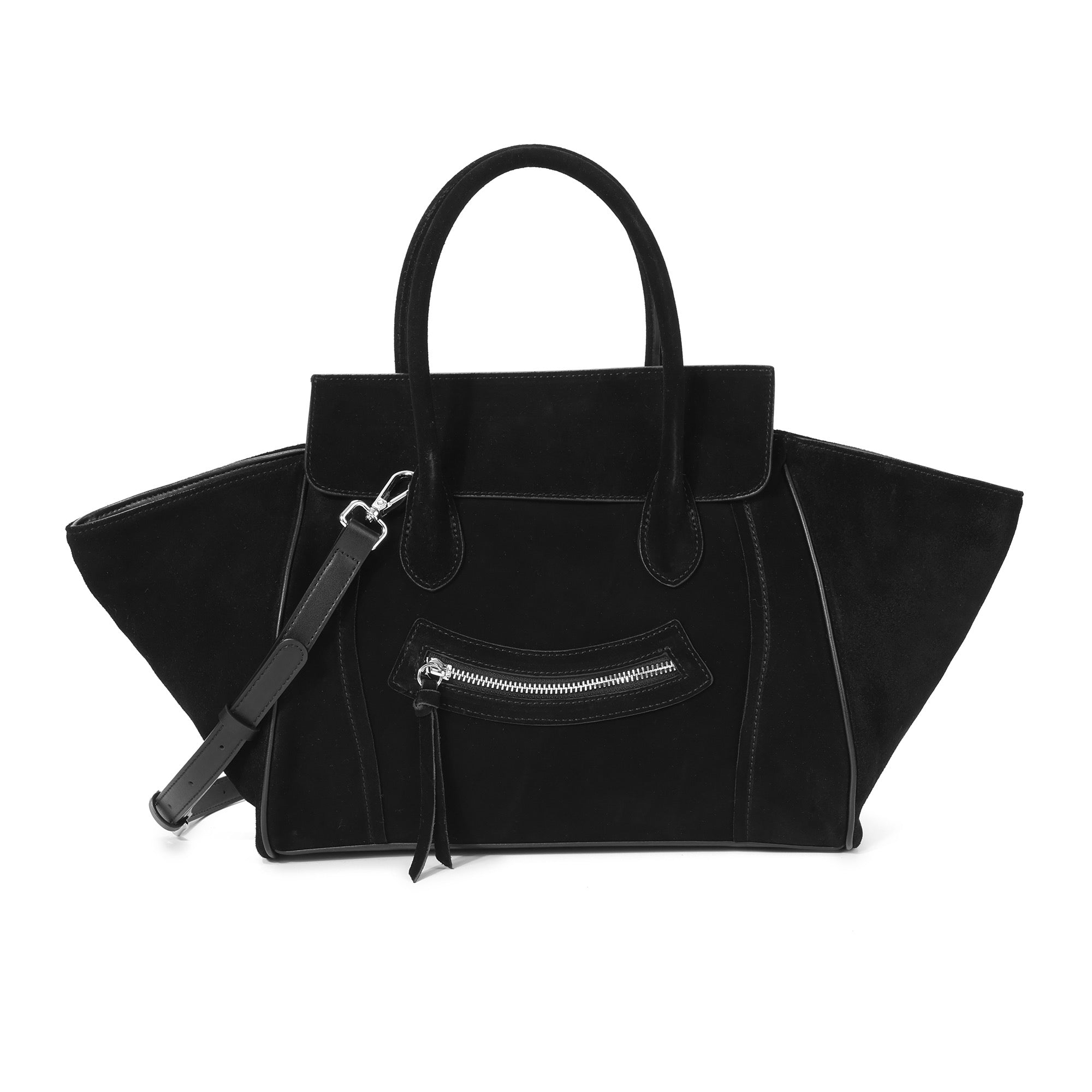 Suede and Leather Winged Tote Bag with Front Zip Pocket – Tiffany