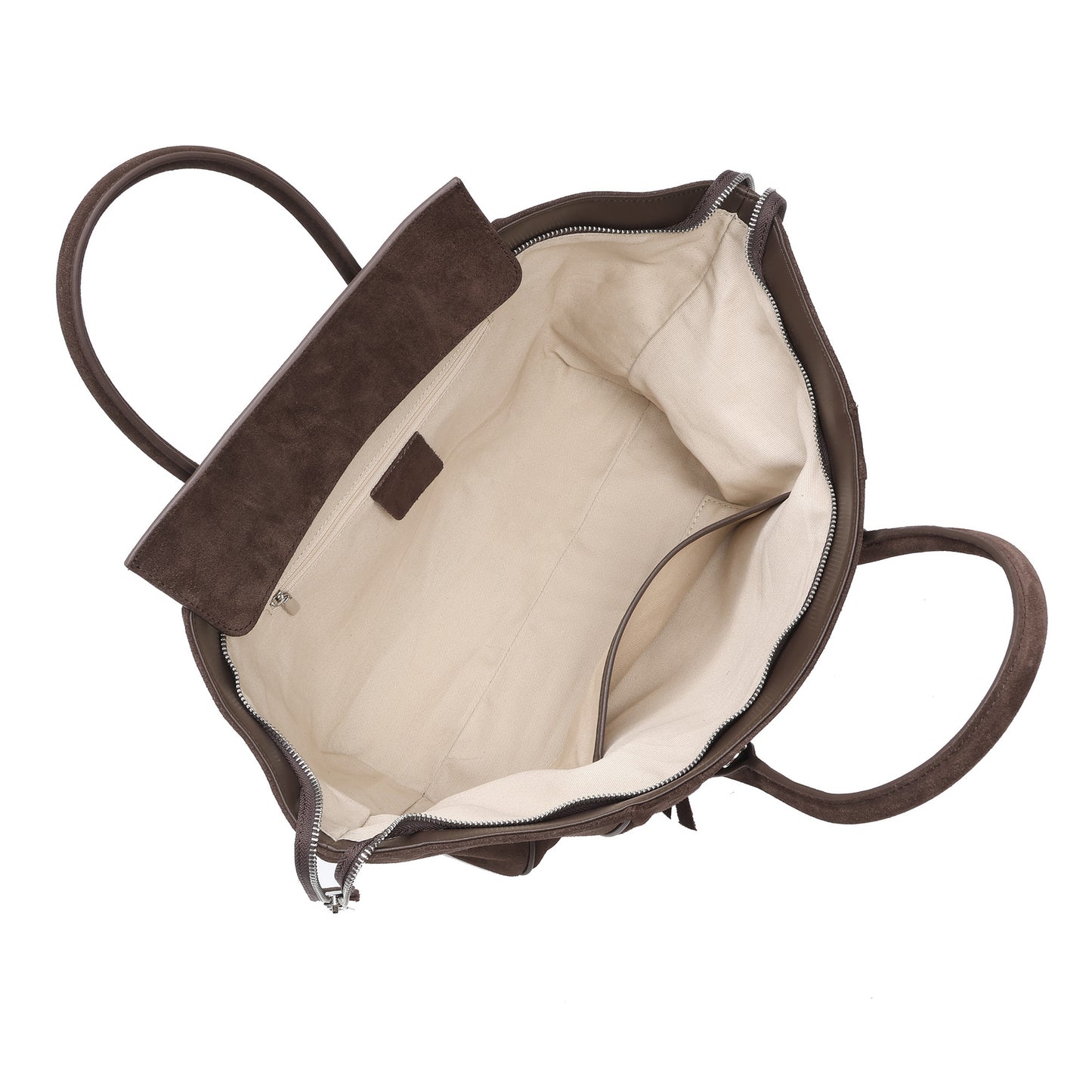 Suede and Leather Winged Tote Bag with Front Zip Pocket