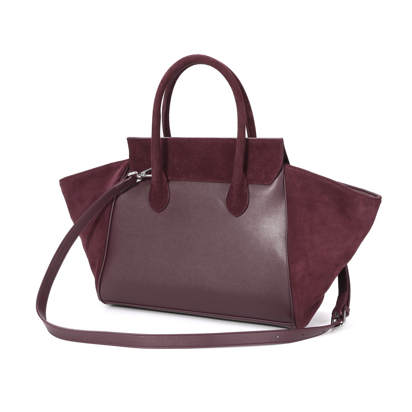 Suede and Leather Winged Tote Bag with Front Zip Pocket