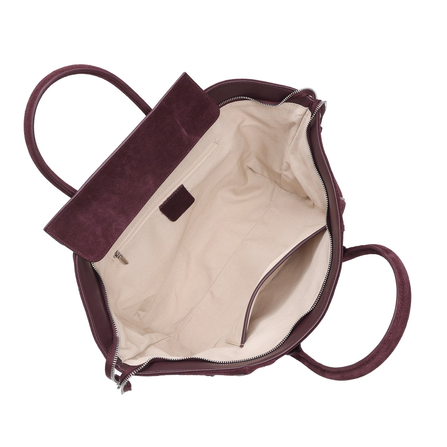 Suede and Leather Winged Tote Bag with Front Zip Pocket