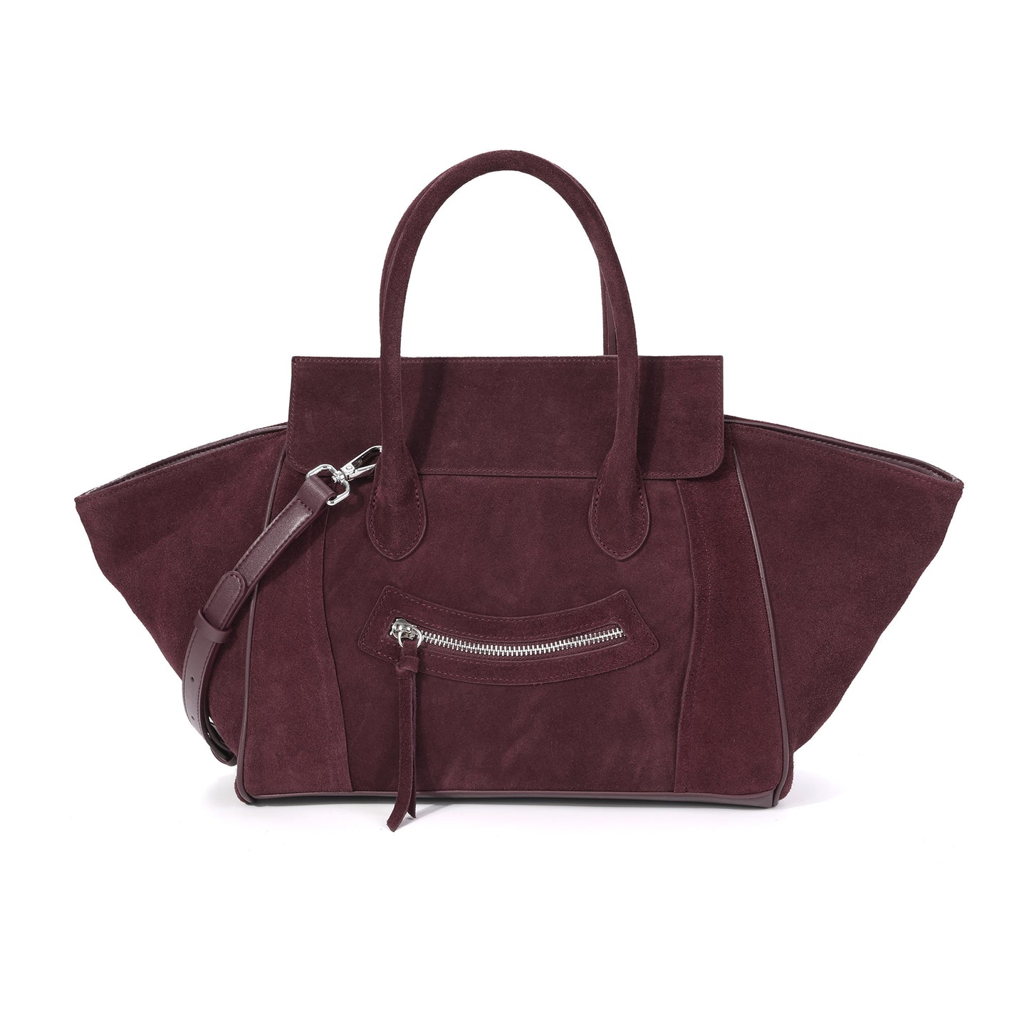 Suede and Leather Winged Tote Bag with Front Zip Pocket