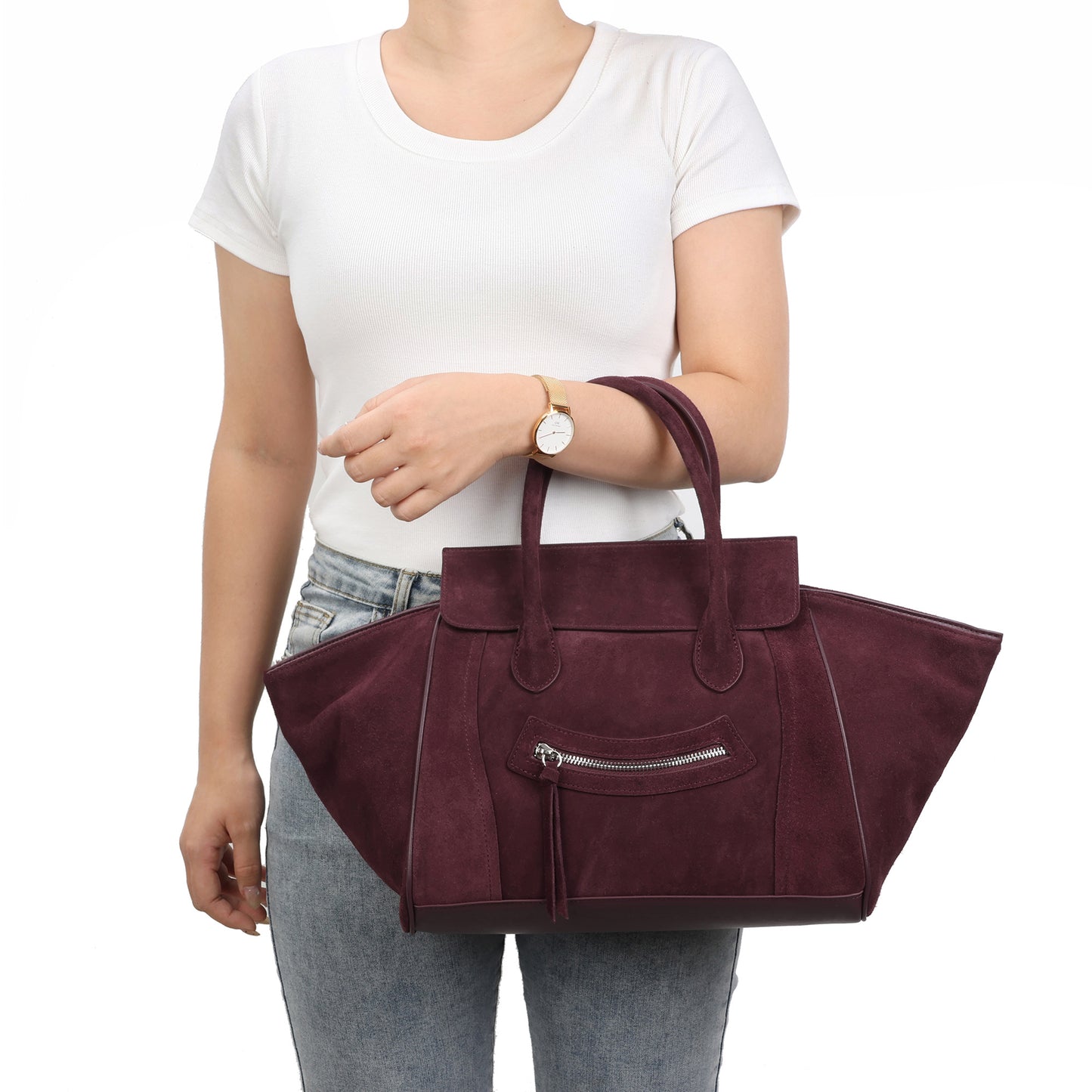 Suede and Leather Winged Tote Bag with Front Zip Pocket