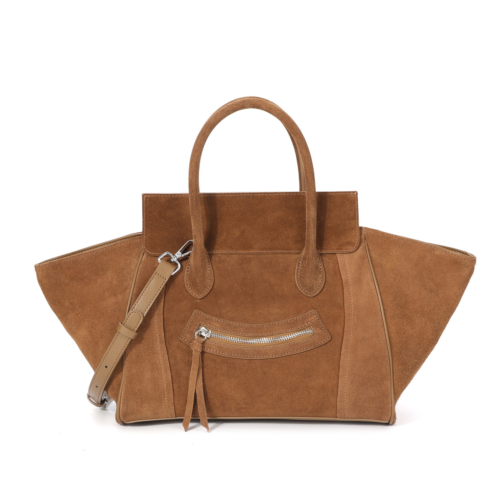 Suede and Leather Winged Tote Bag with Front Zip Pocket – Tiffany