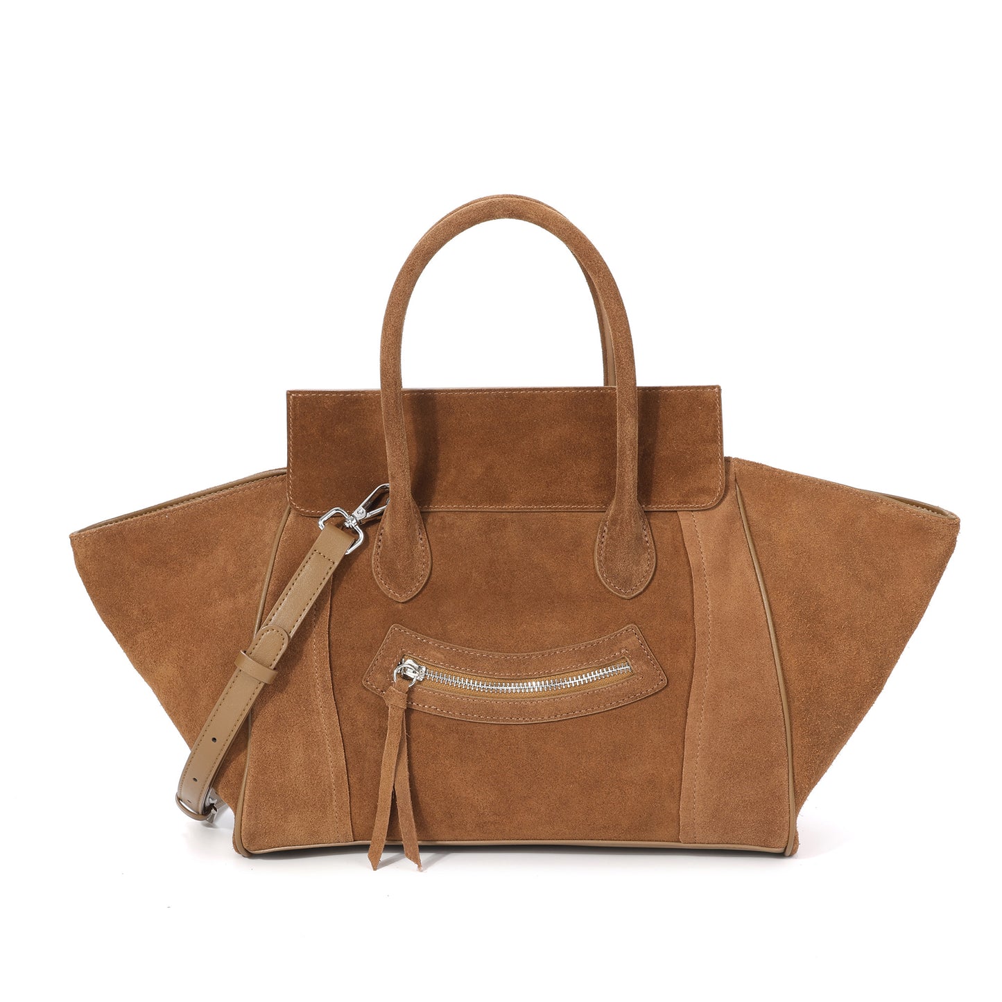 Suede and Leather Winged Tote Bag with Front Zip Pocket