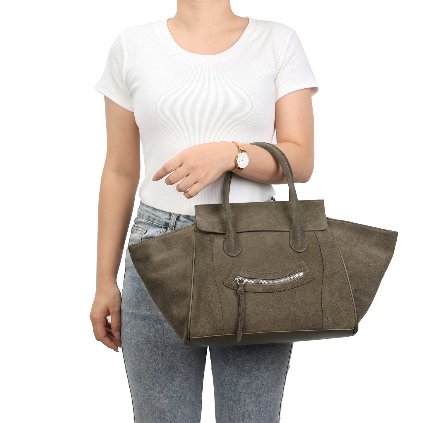 Suede and Leather Winged Tote Bag with Front Zip Pocket