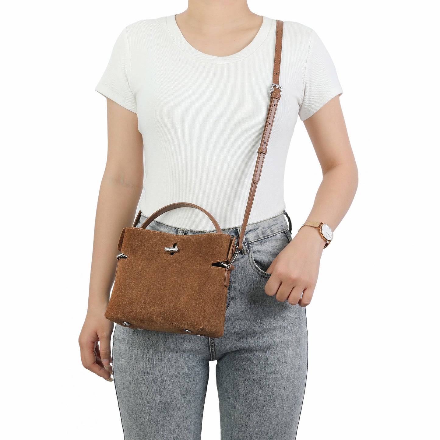 Suede Leather Mini Top Handle Crossbody Bag