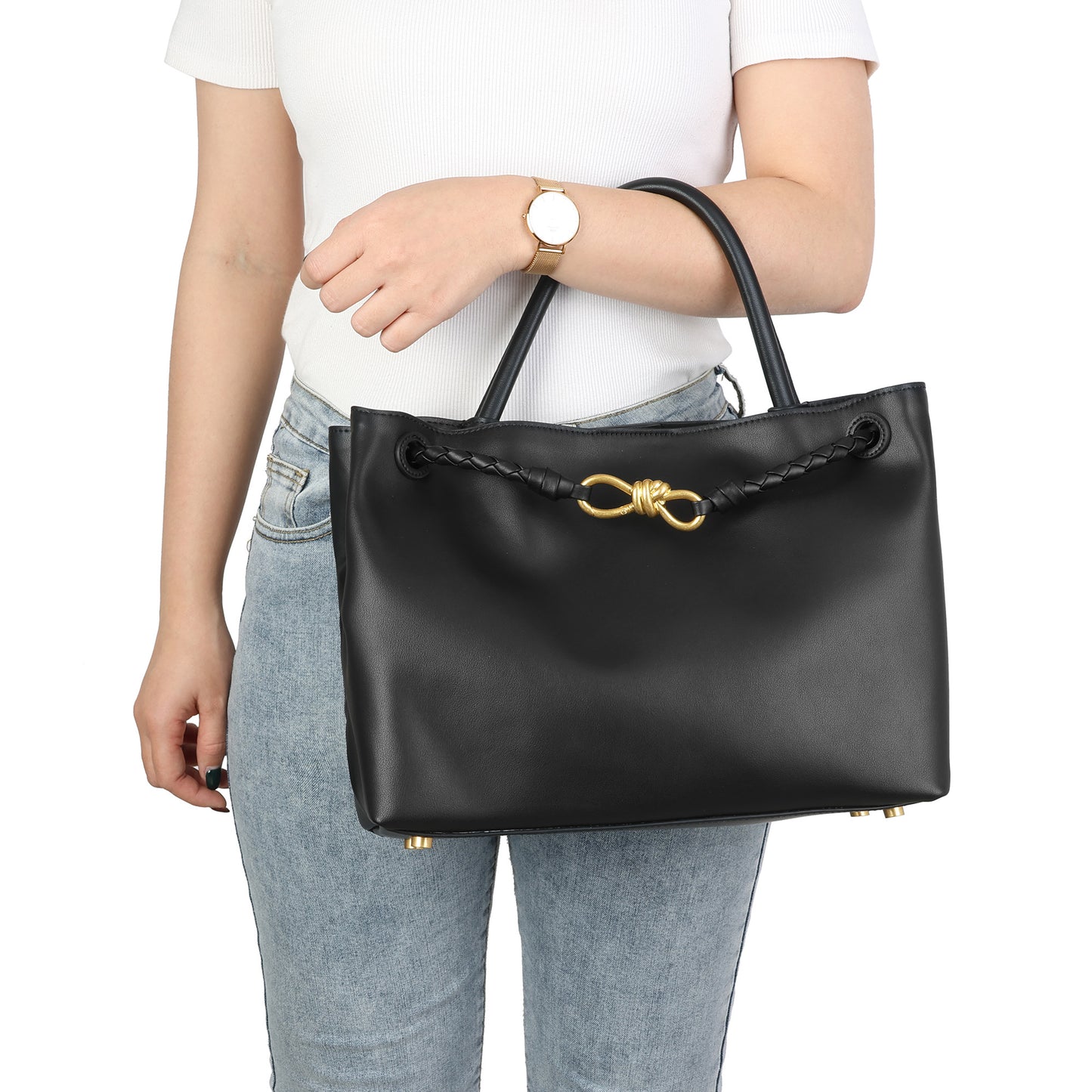 Classic Elegance Tote Bag with Braided Leather Details