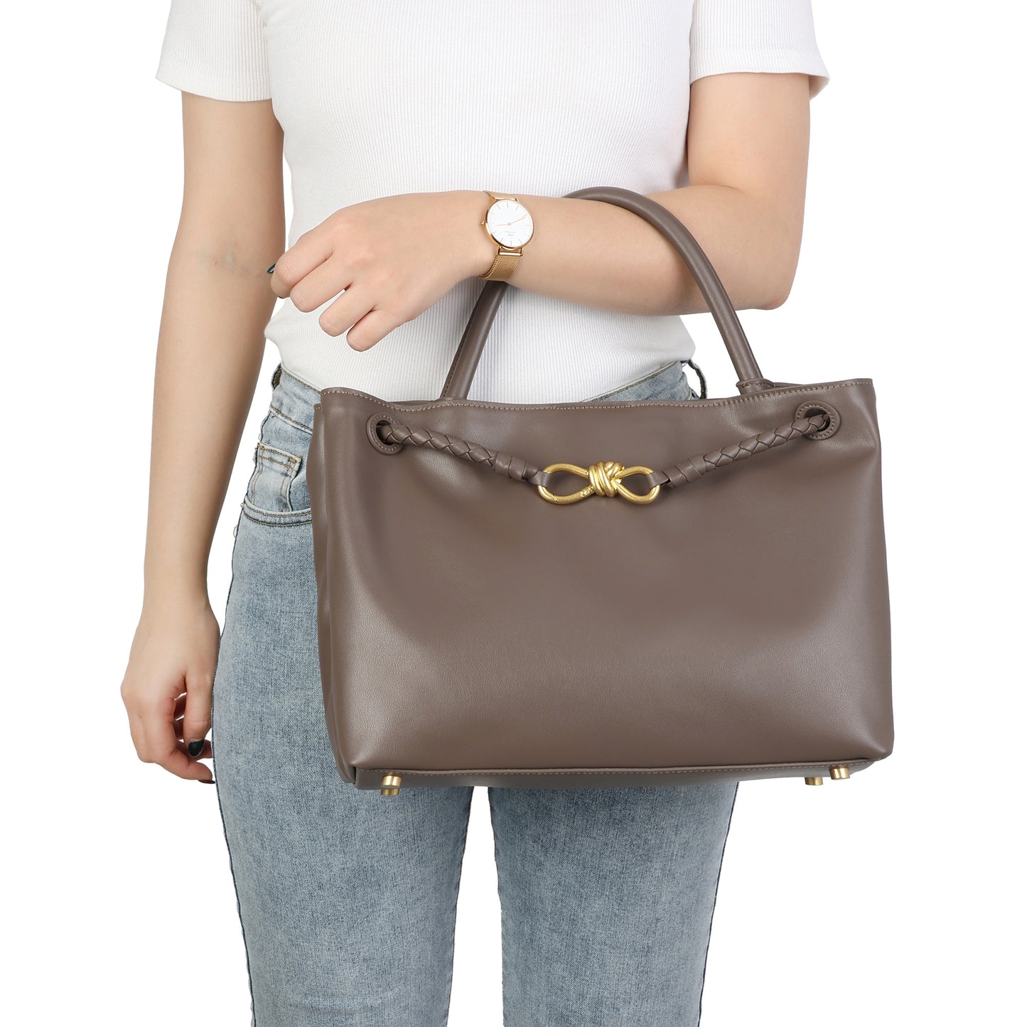 Classic Elegance Tote Bag with Braided Leather Details