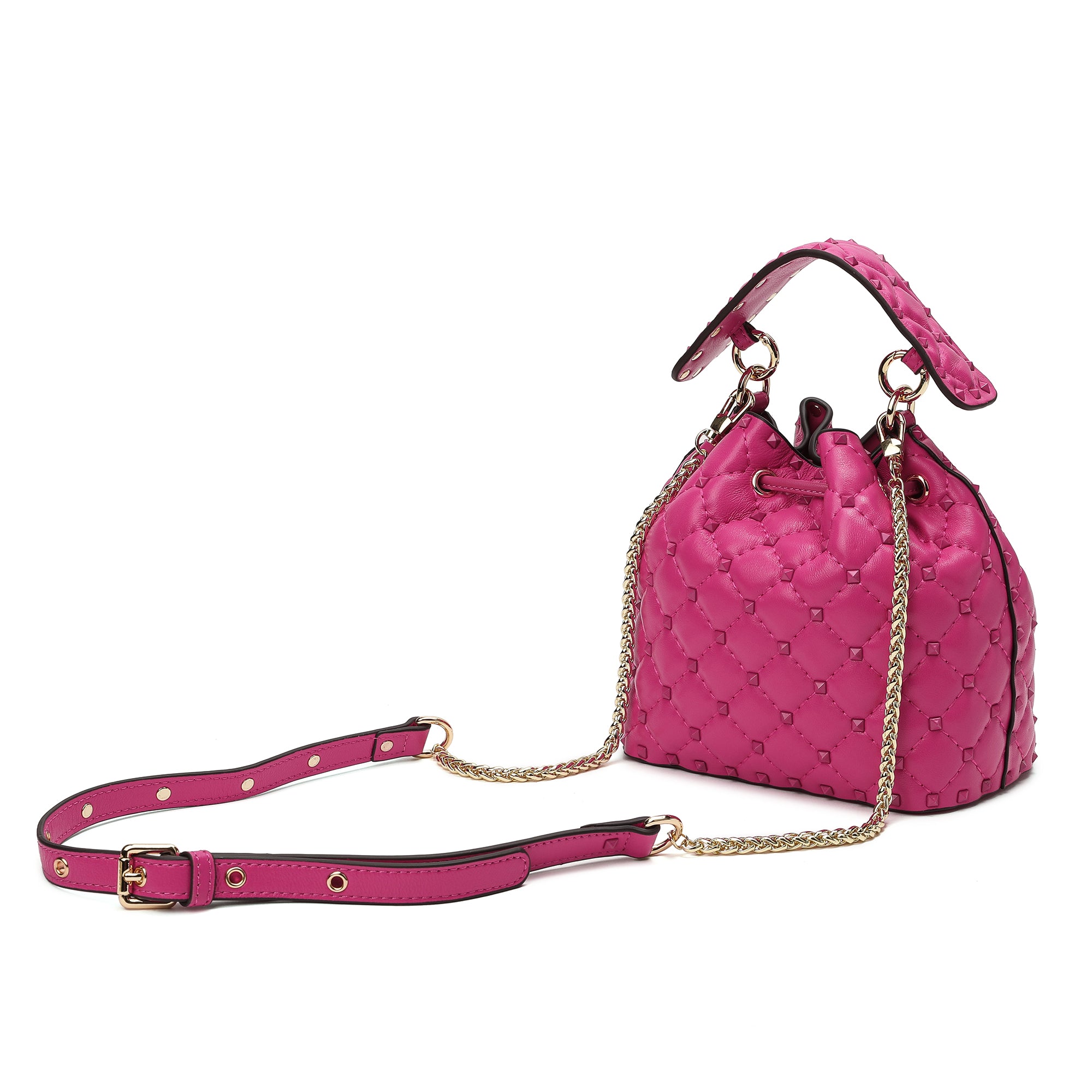 Quilted Studded Lambskin Drawstring Shoulder Bag