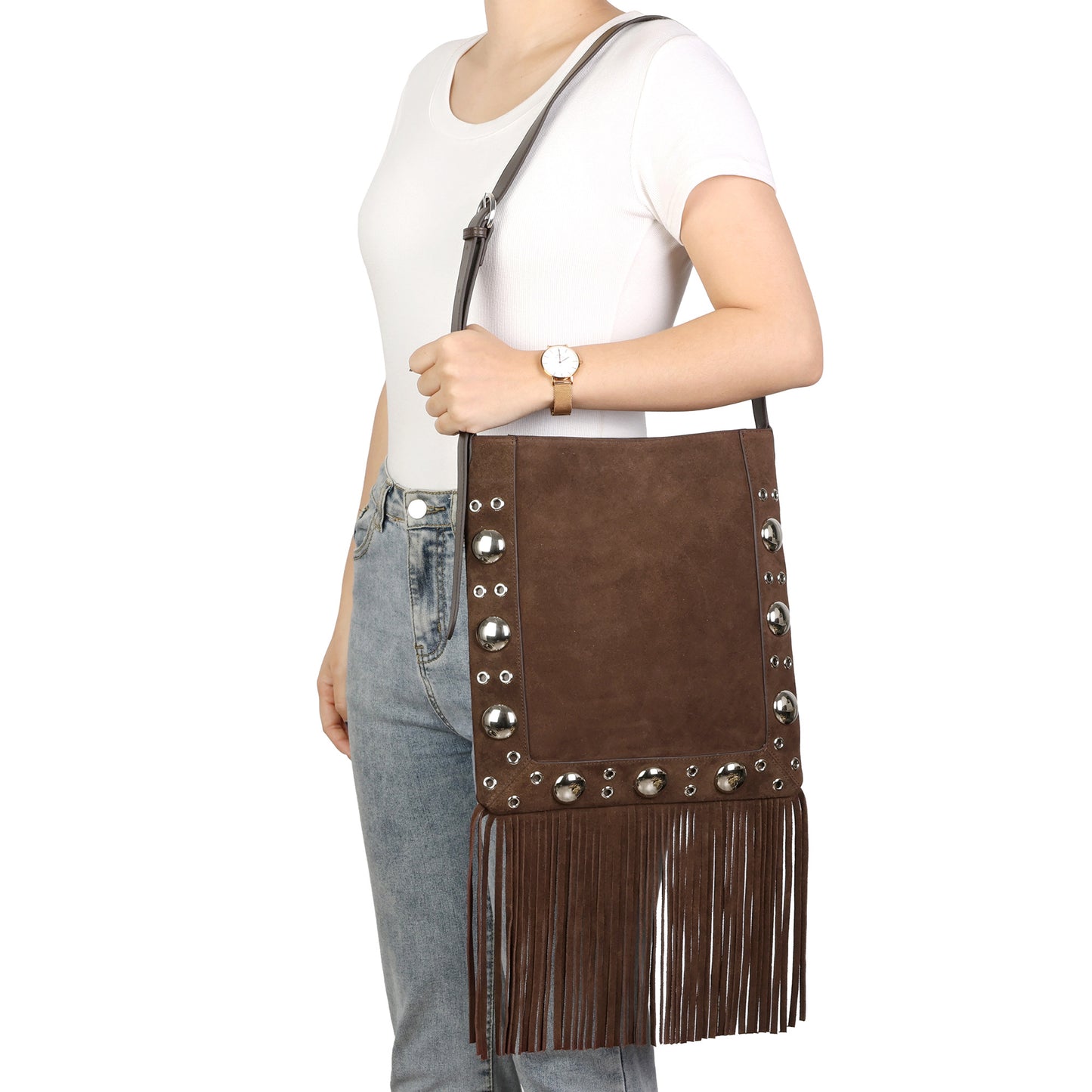Studded Suede Fringe Crossbody Bag