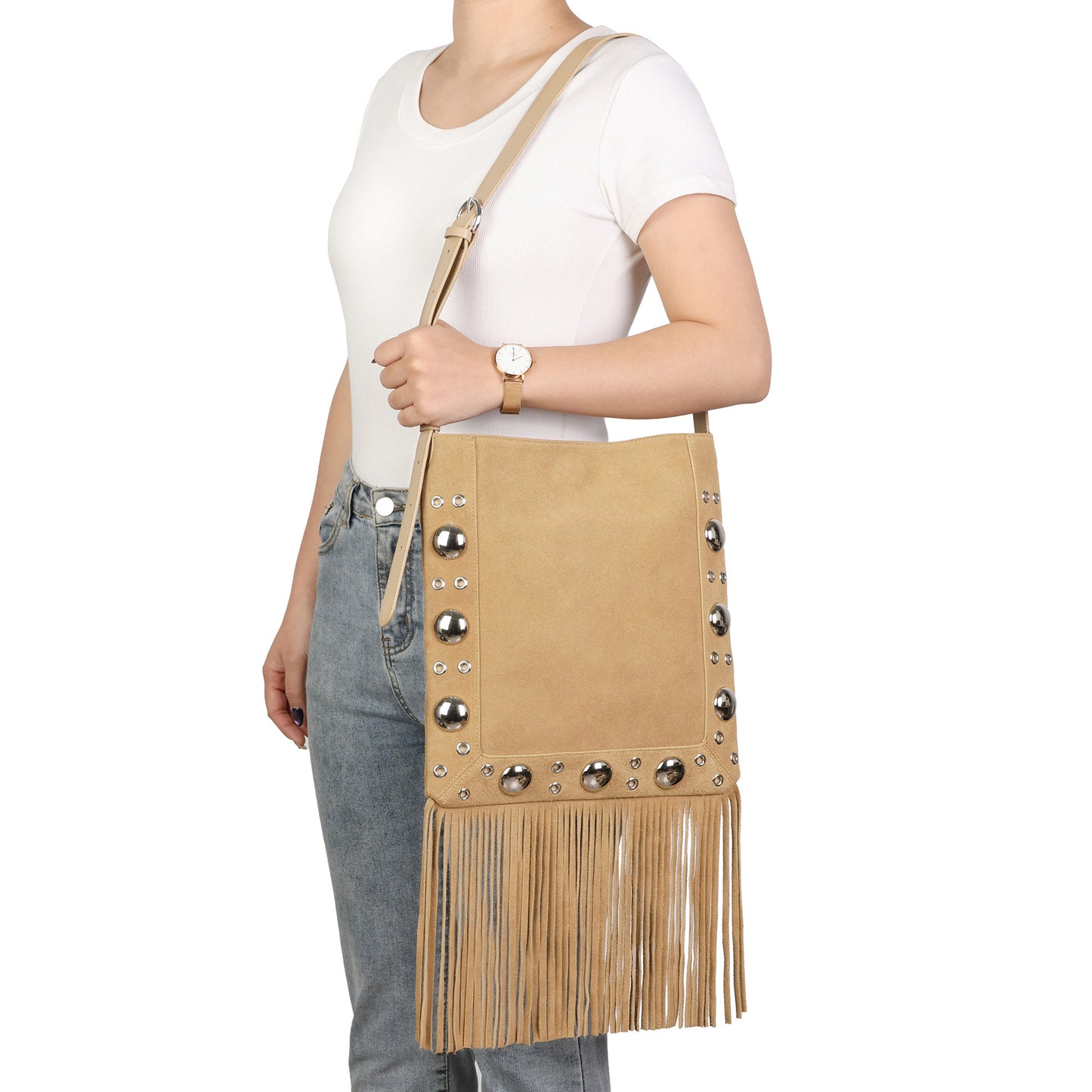 Studded Suede Fringe Crossbody Bag