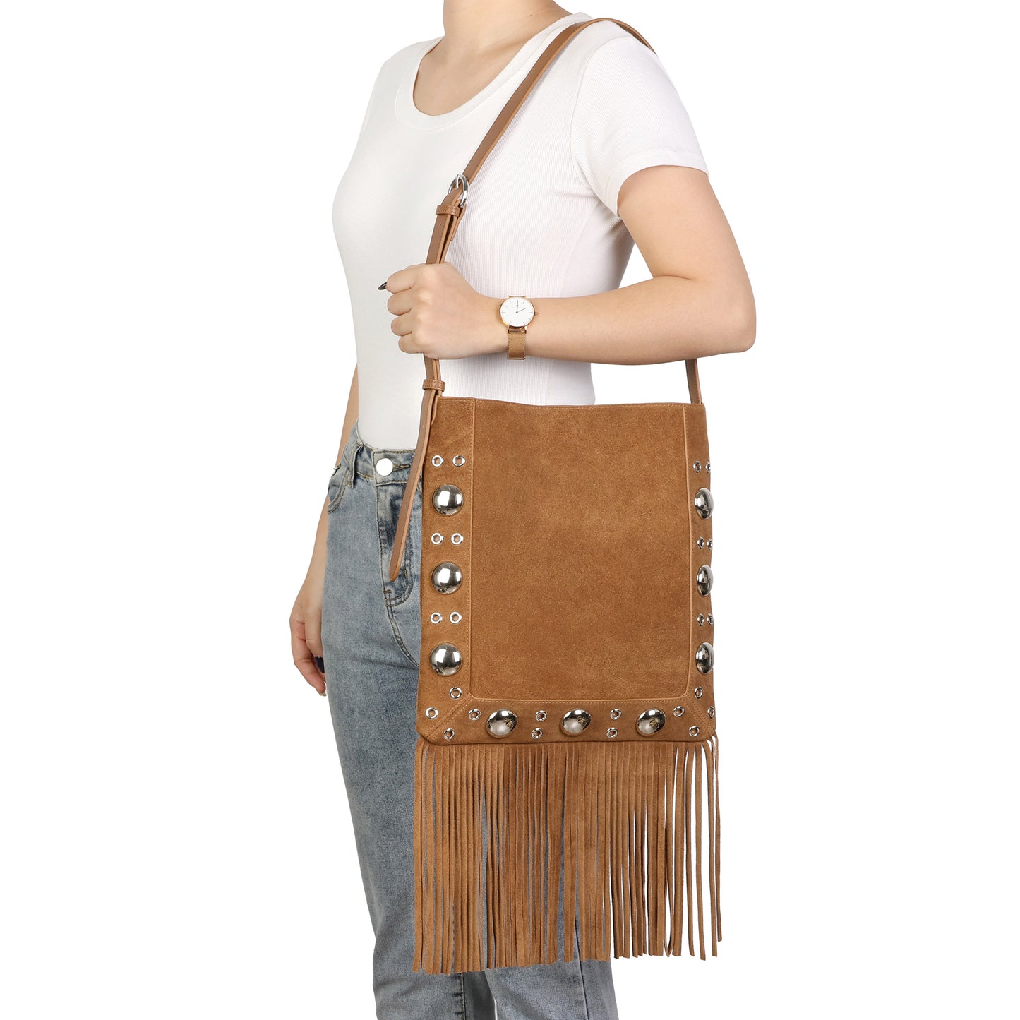 Studded Suede Fringe Crossbody Bag