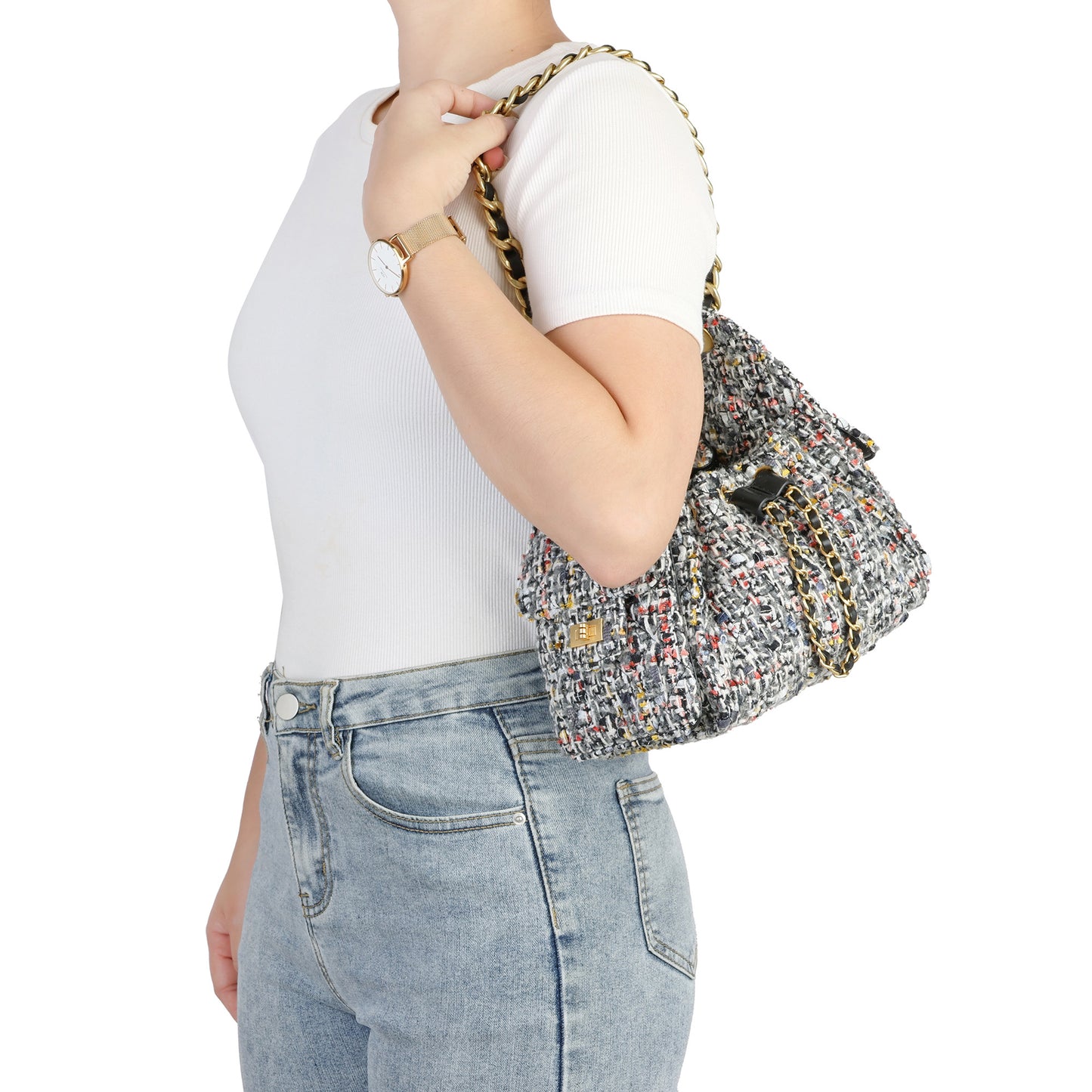 Tweed Shoulder Bag with Chain Strap
