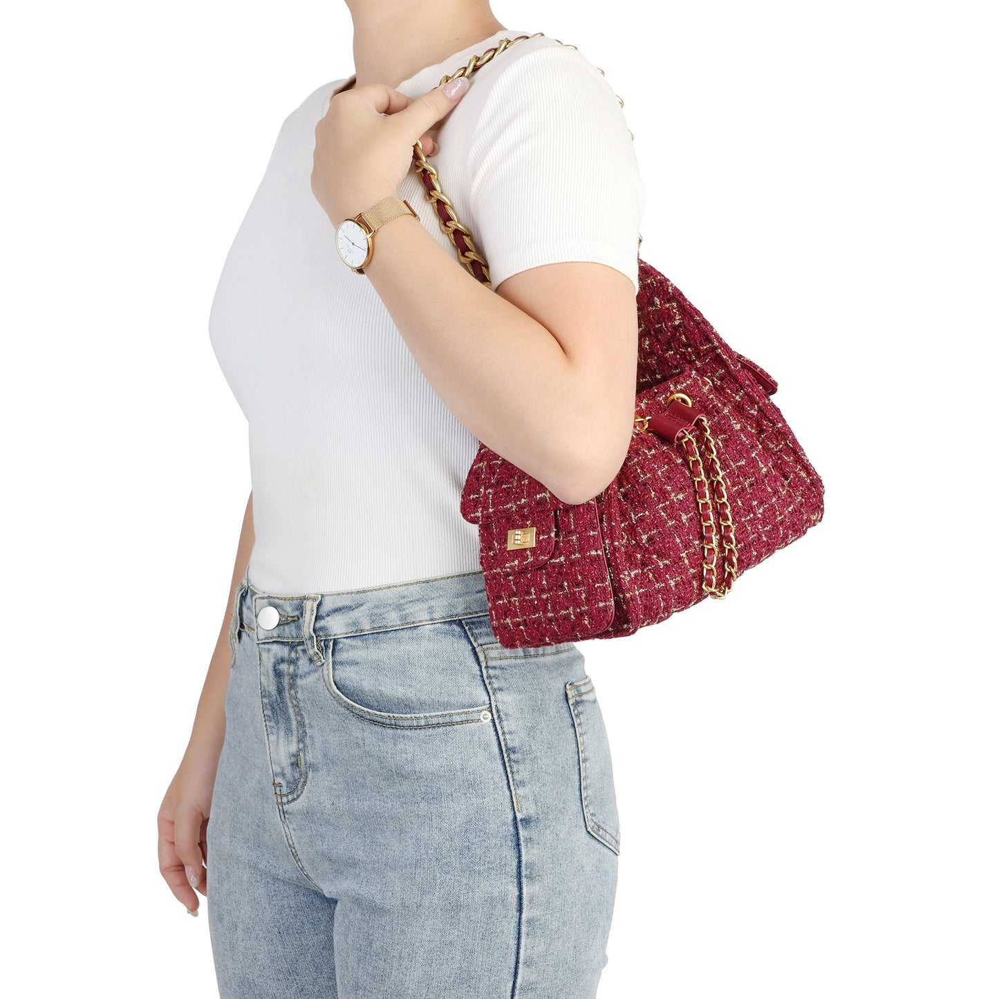 Tweed Shoulder Bag with Chain Strap