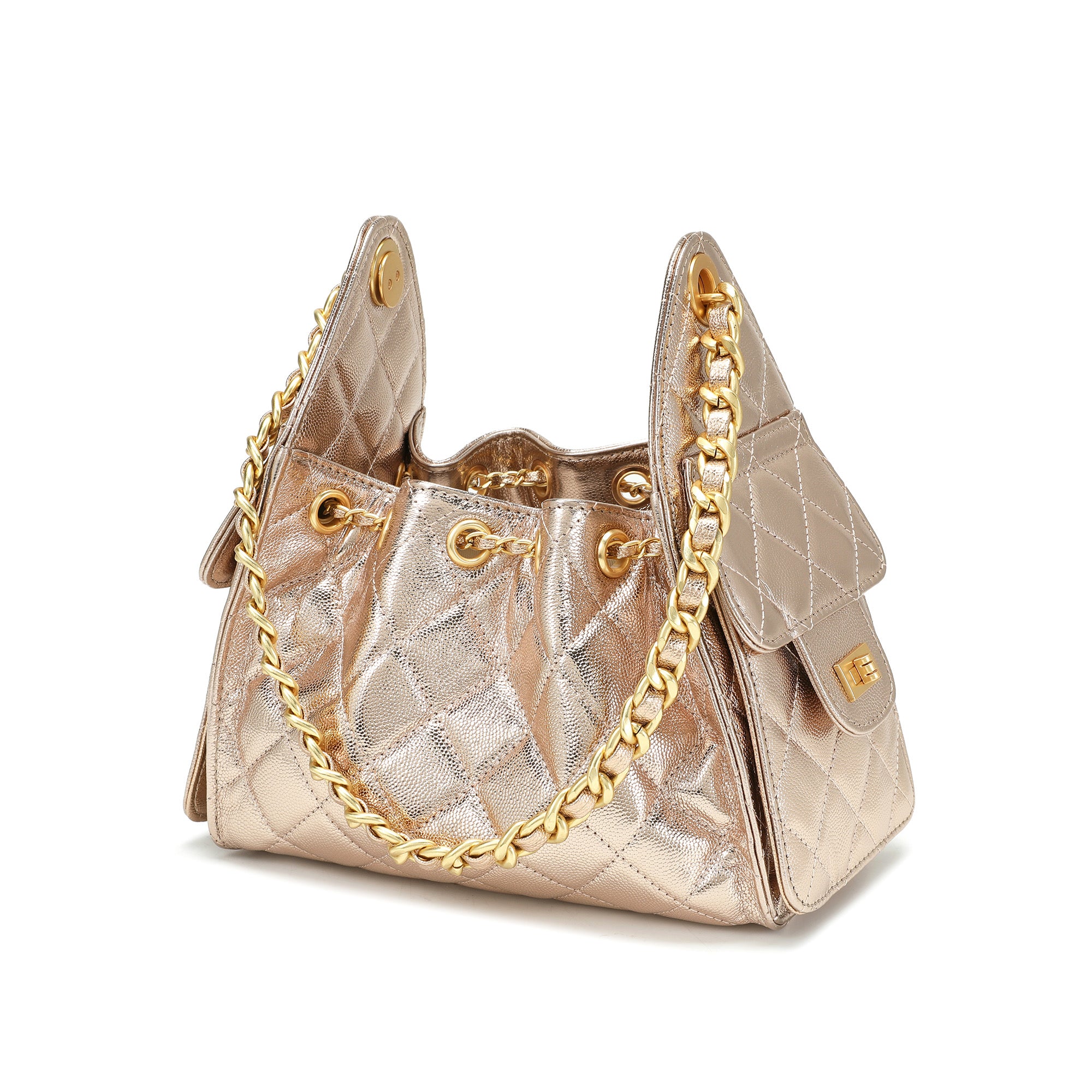 Quilted Metallic Leather Drawstring Chain Shoulder Bag – Tiffany