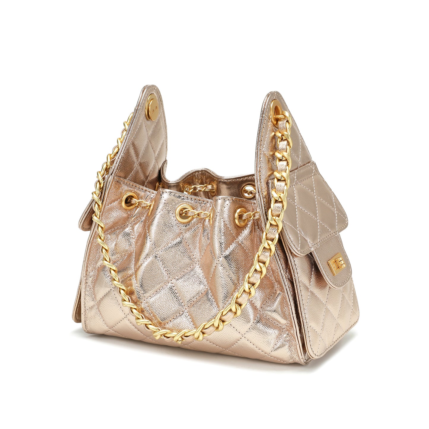 Quilted Metallic Leather Drawstring Chain Shoulder Bag