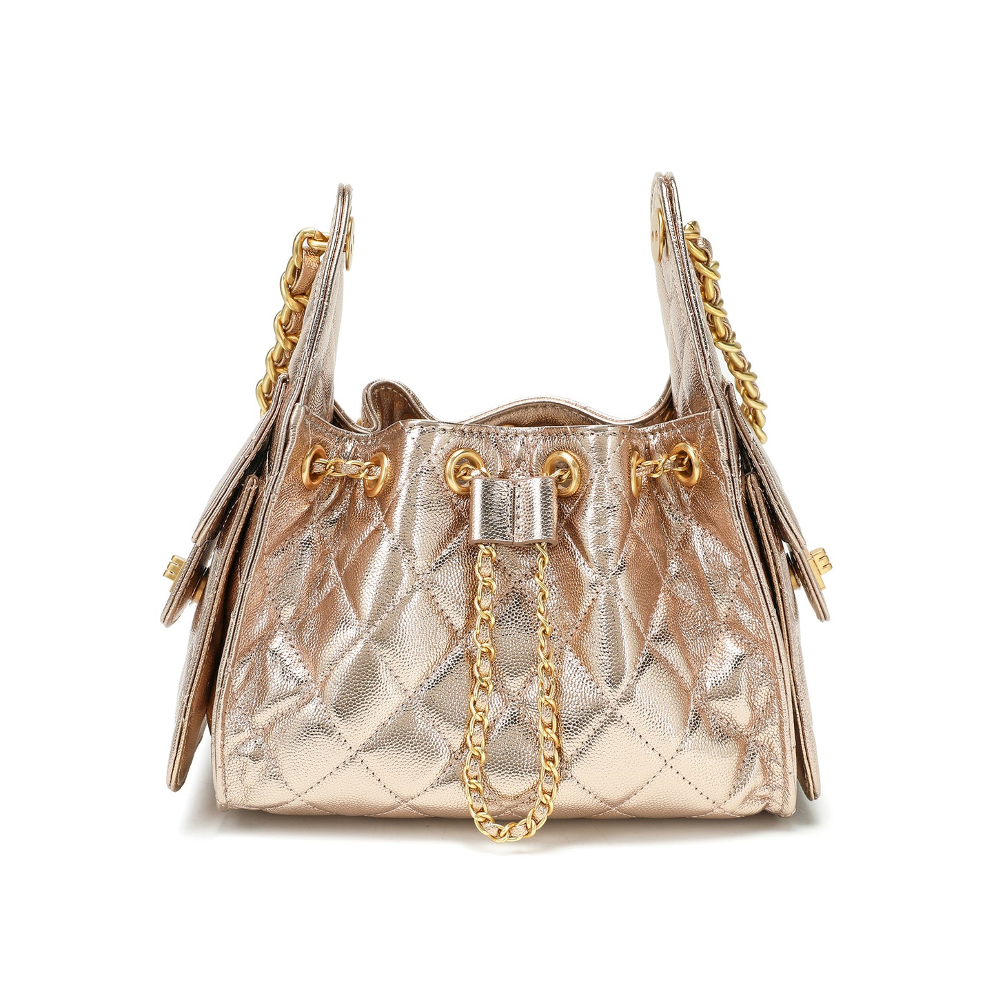 Quilted Metallic Leather Drawstring Chain Shoulder Bag