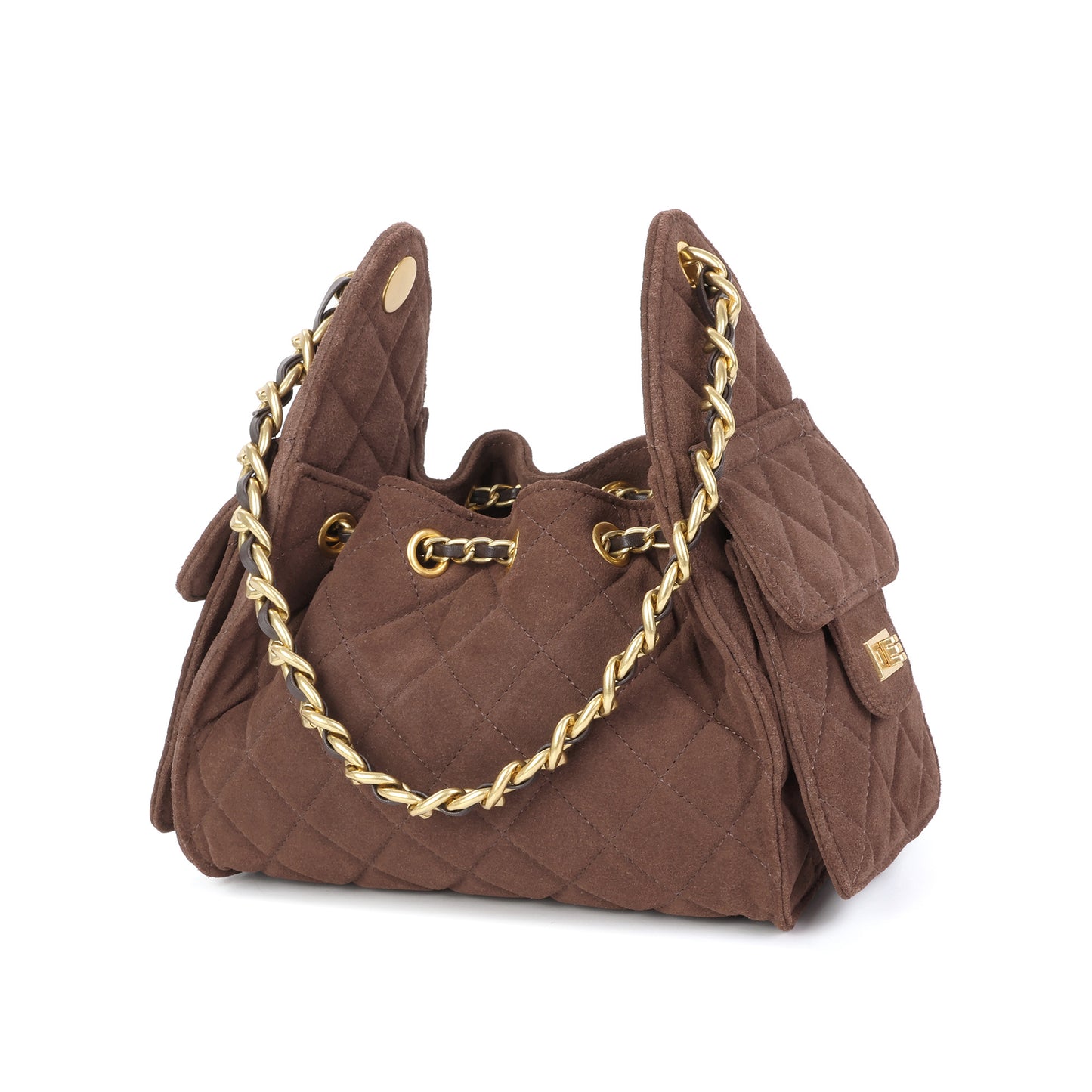 Soft Quilted Suede Shoulder Bag with Chain Detail