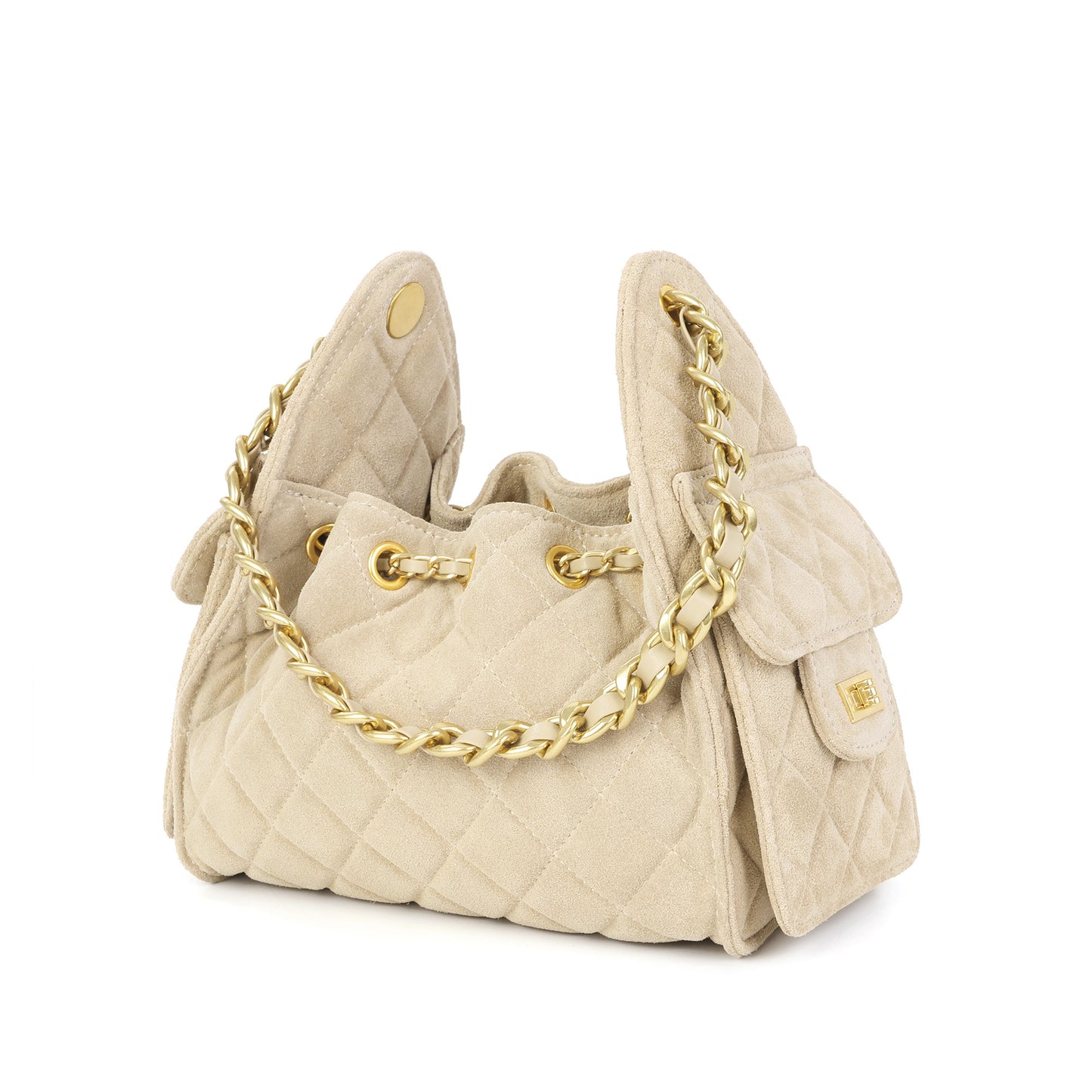 Soft Quilted Suede Shoulder Bag with Chain Detail