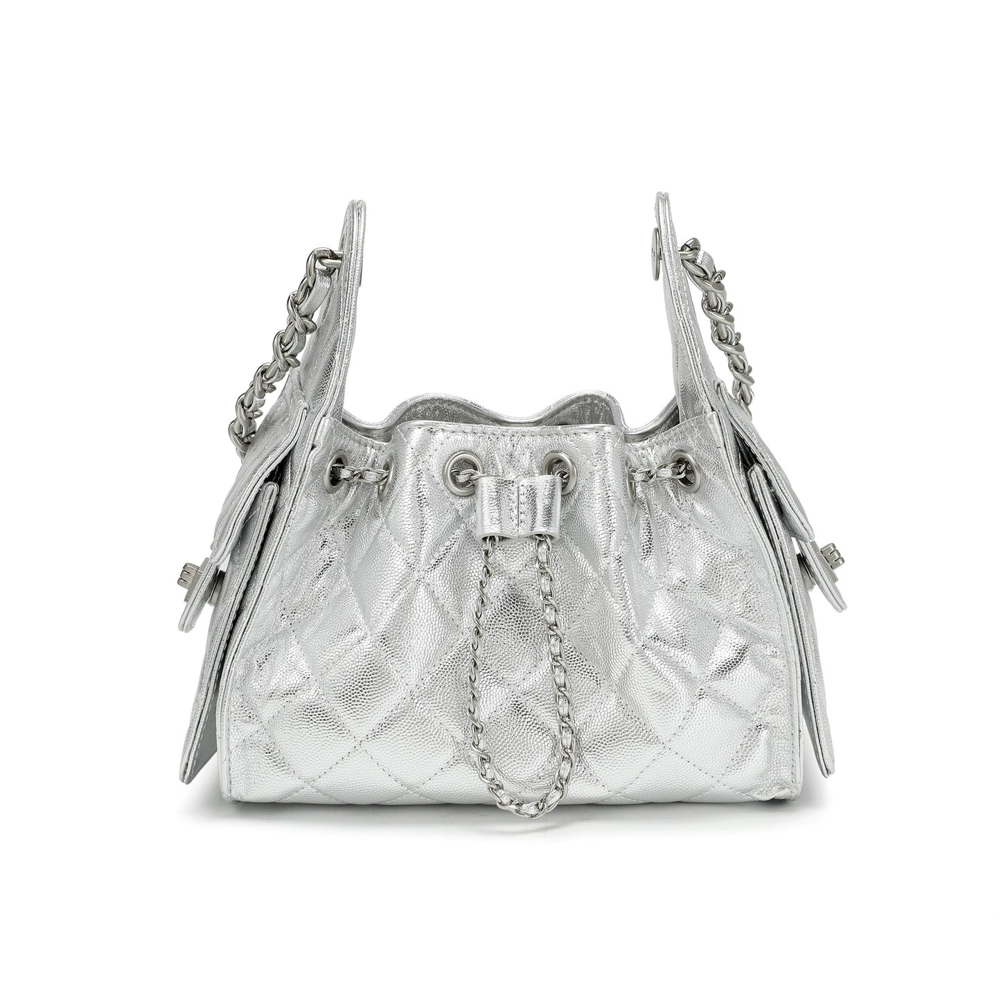 Quilted Metallic Leather Drawstring Chain Shoulder Bag