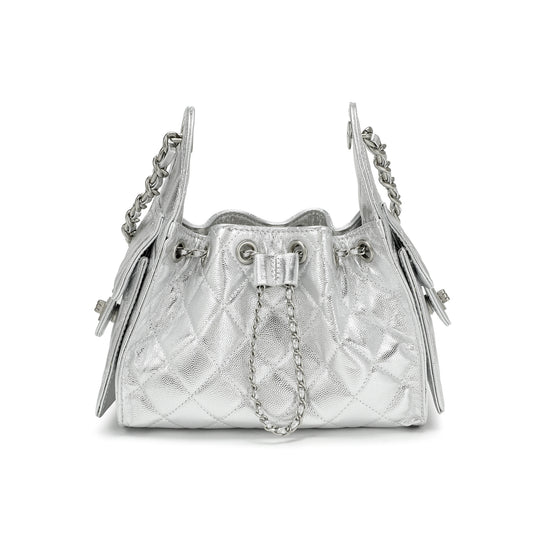 Quilted Metallic Leather Drawstring Chain Shoulder Bag