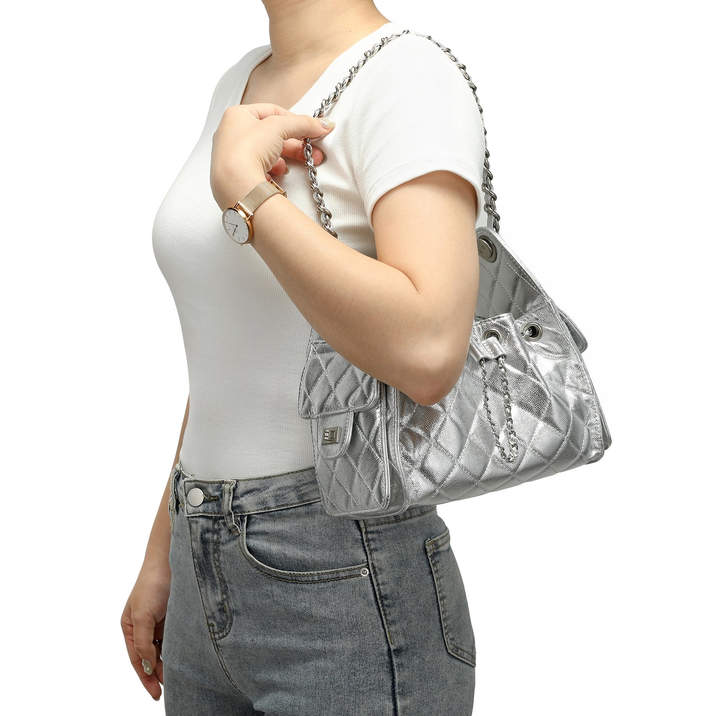 Quilted Metallic Leather Drawstring Chain Shoulder Bag