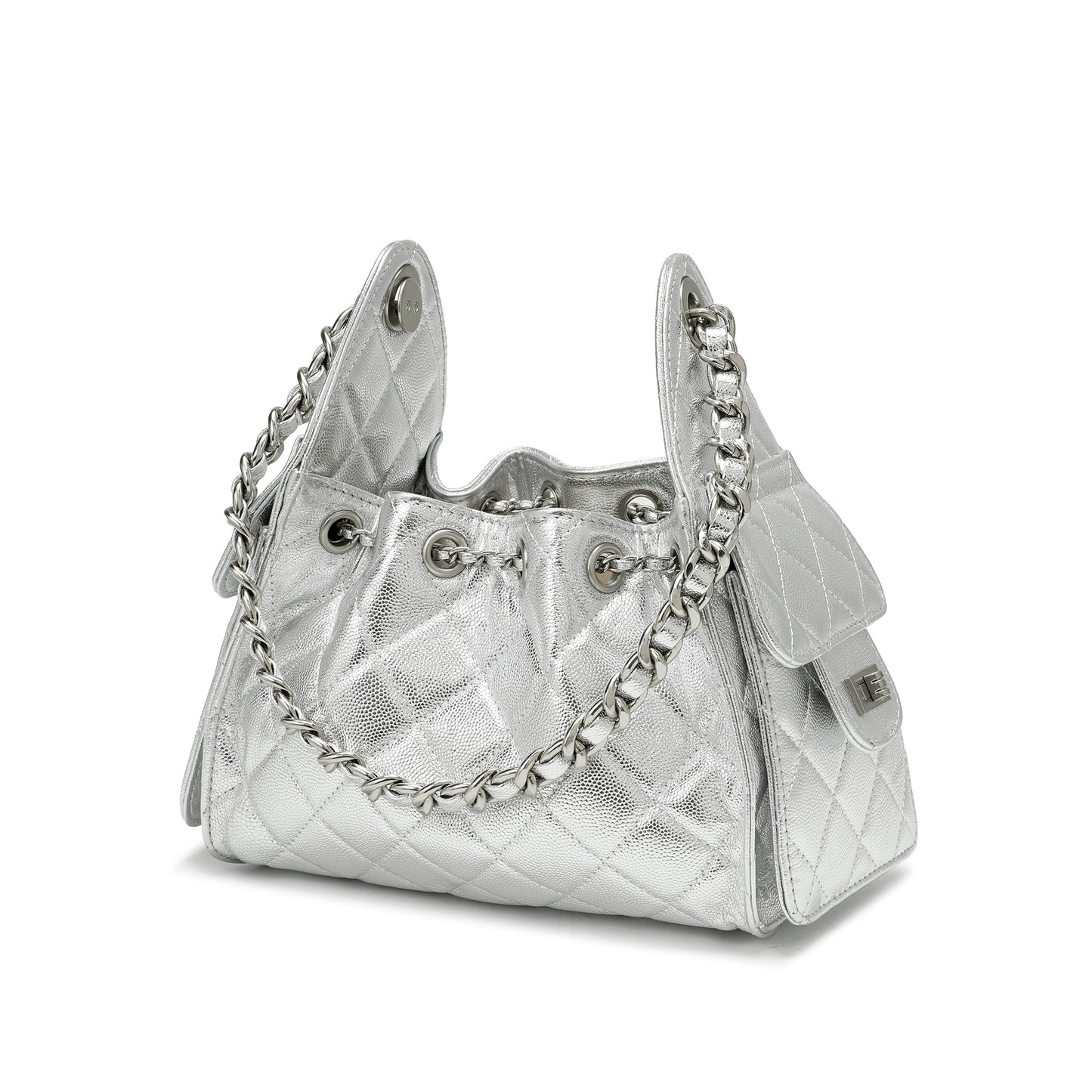 Quilted Metallic Leather Drawstring Chain Shoulder Bag