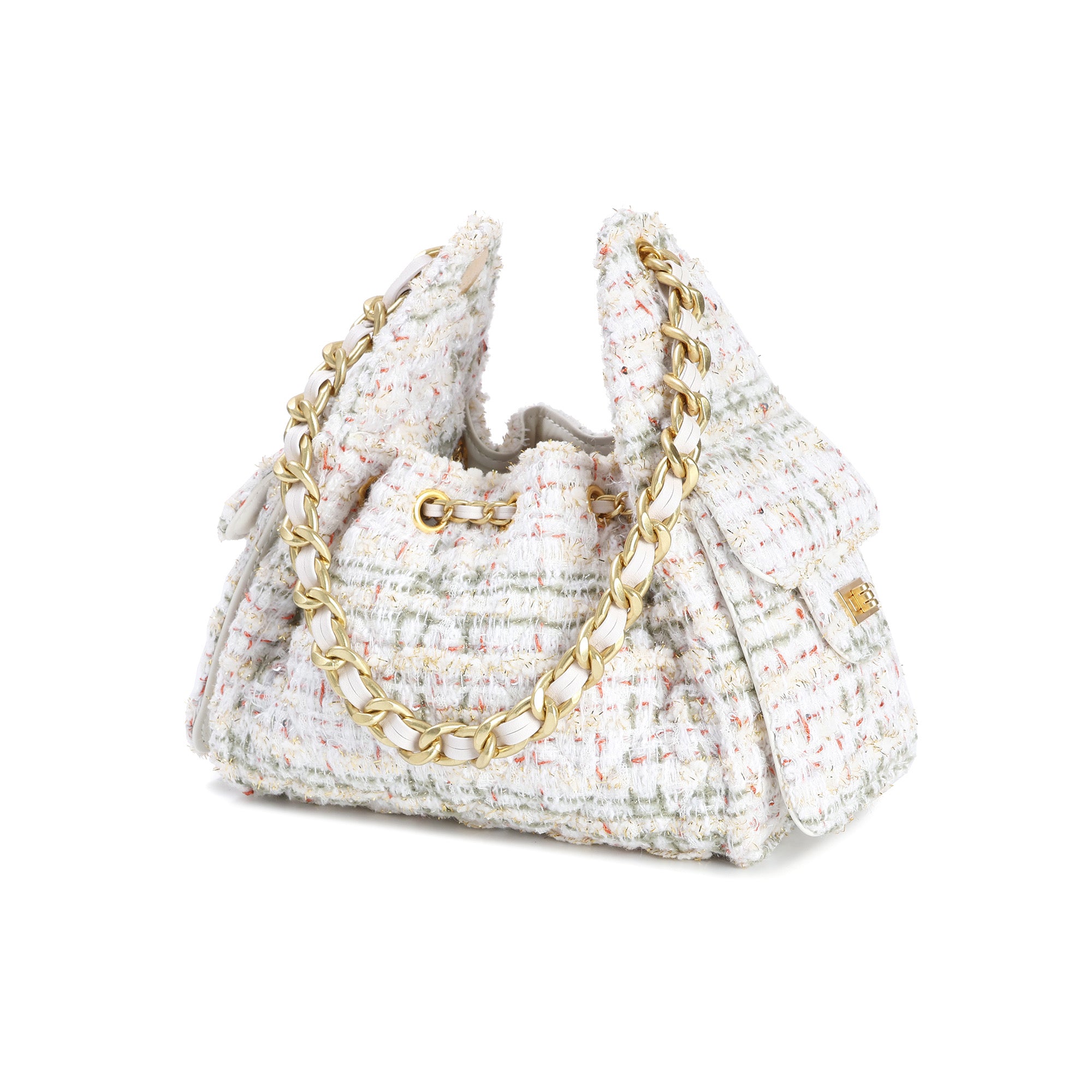 Ivory Tweed Drawstring Chain Backpack Tweed Shoulder Bag with