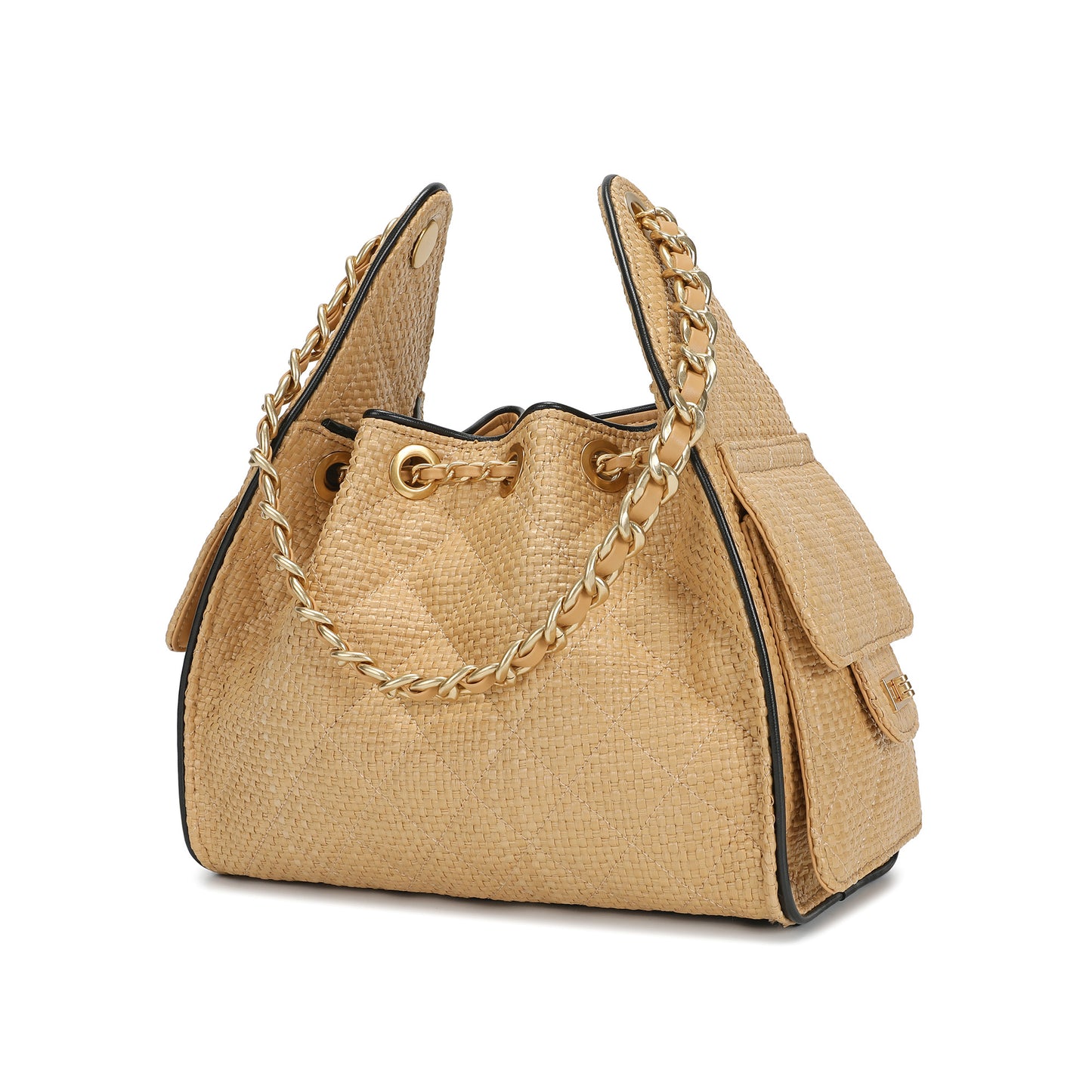 Woven Canvas Shoulder Bag with Sheepskin Leather Trim