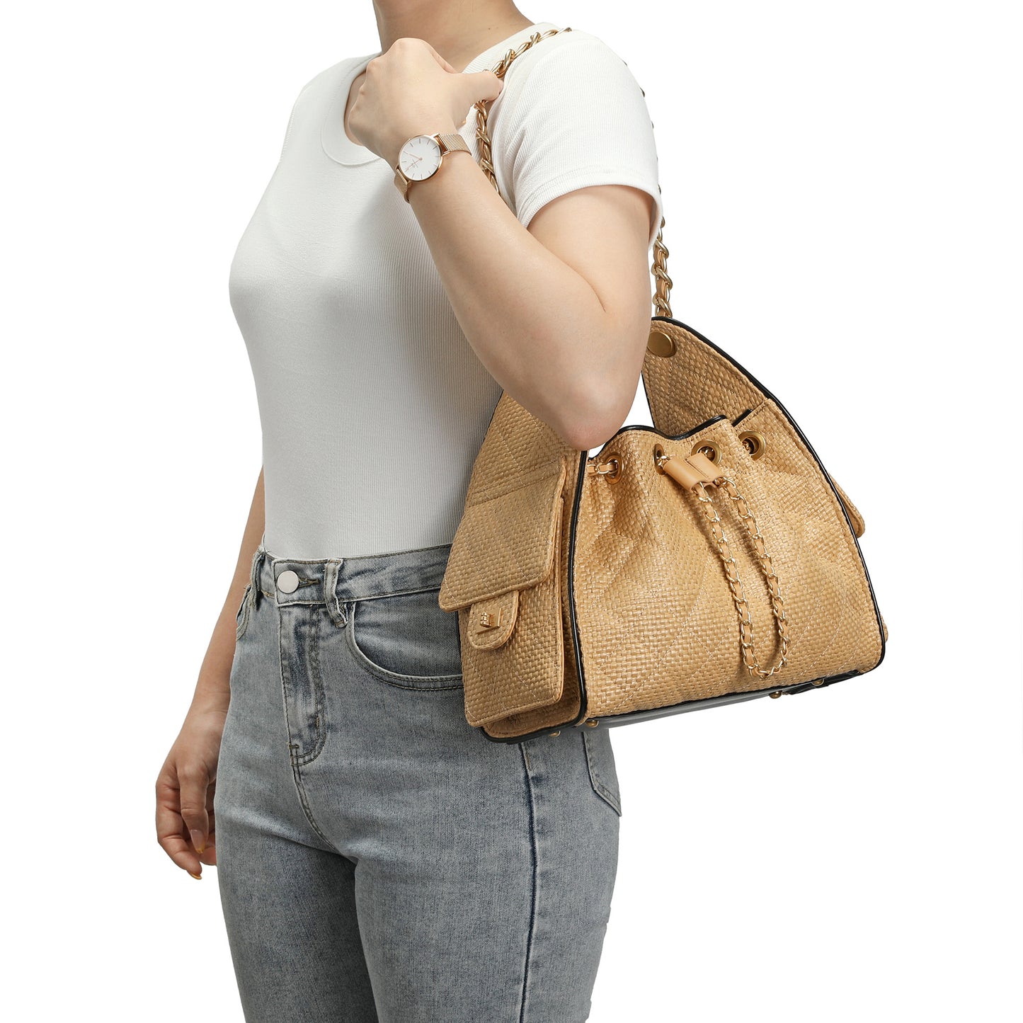 Woven Canvas Shoulder Bag with Sheepskin Leather Trim