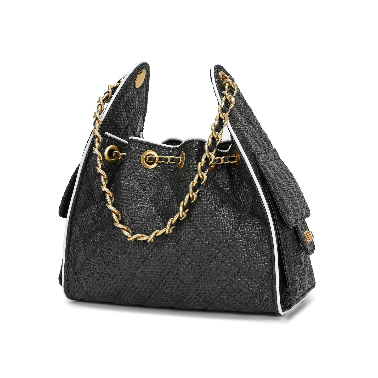 Woven Canvas Shoulder Bag with Sheepskin Leather Trim
