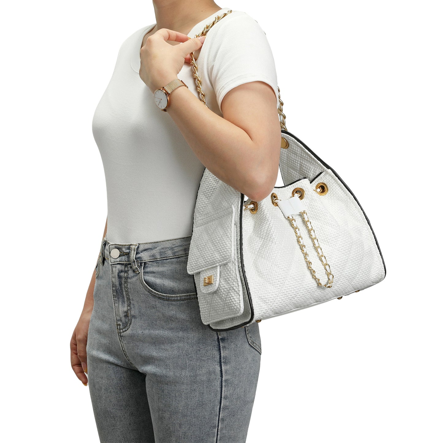 Woven Canvas Shoulder Bag with Sheepskin Leather Trim